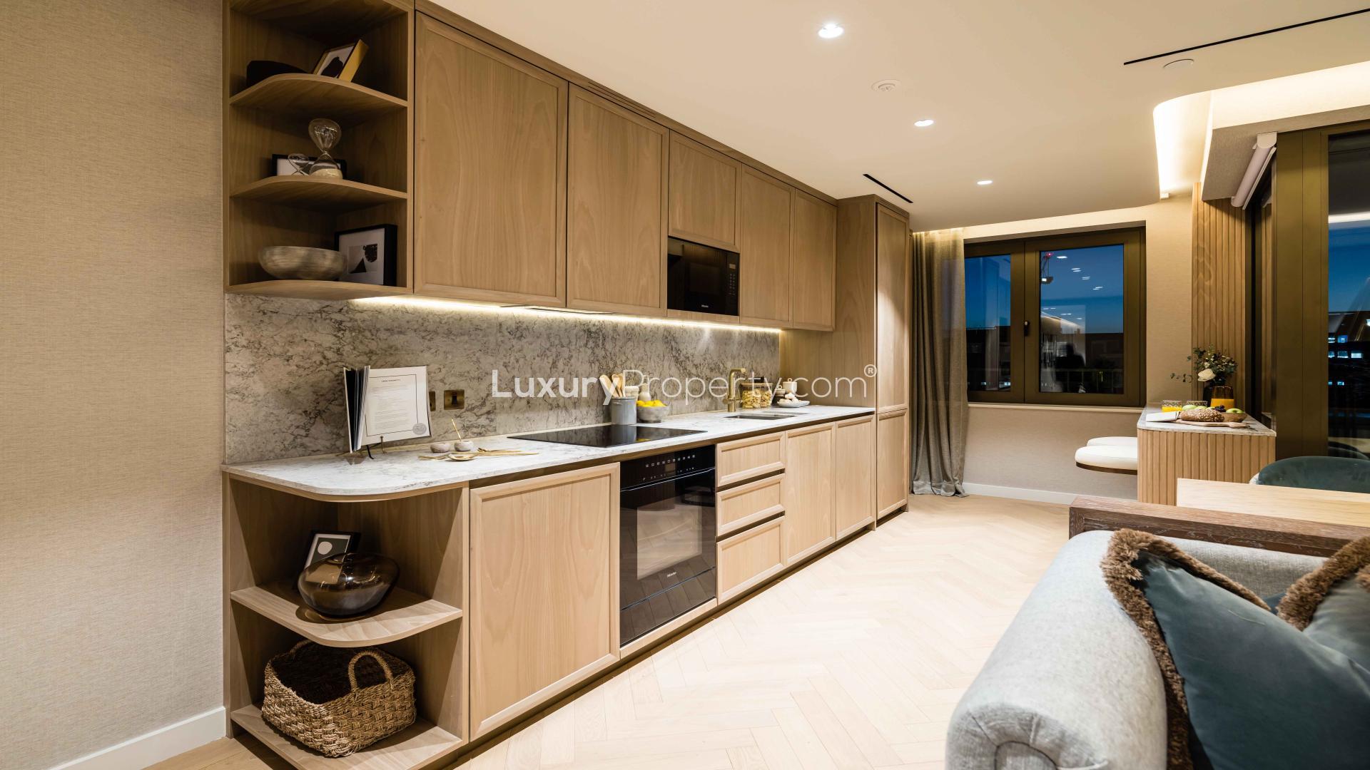 Contemporary living room in 3-bedroom apartment, TCRW Soho, West End London. Modern decor