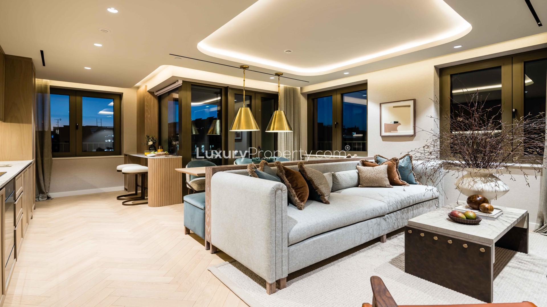 Contemporary living room in 3-bedroom apartment, TCRW Soho, West End, London, natural light