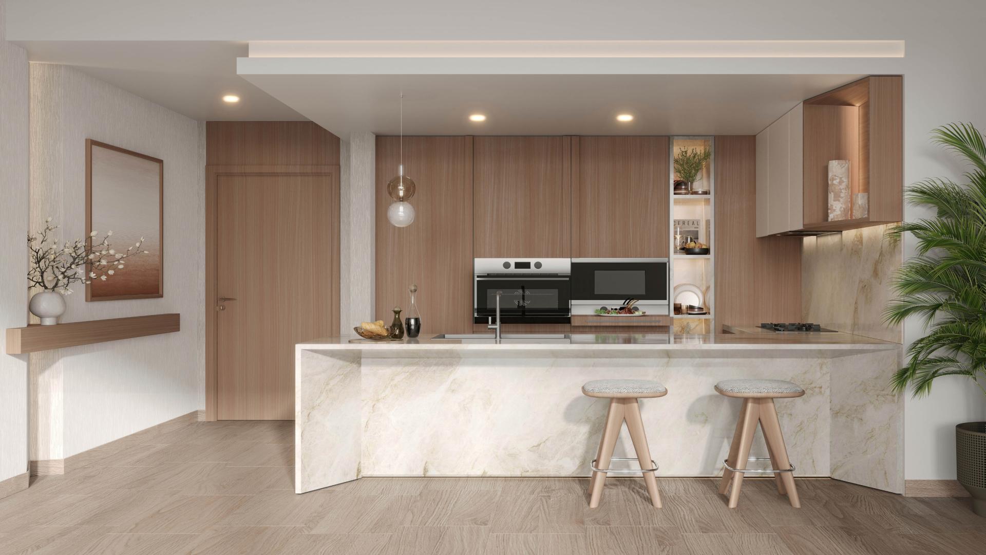 Luxurious living room in Belgrove Residences, MBR City, with stunning panoramic views