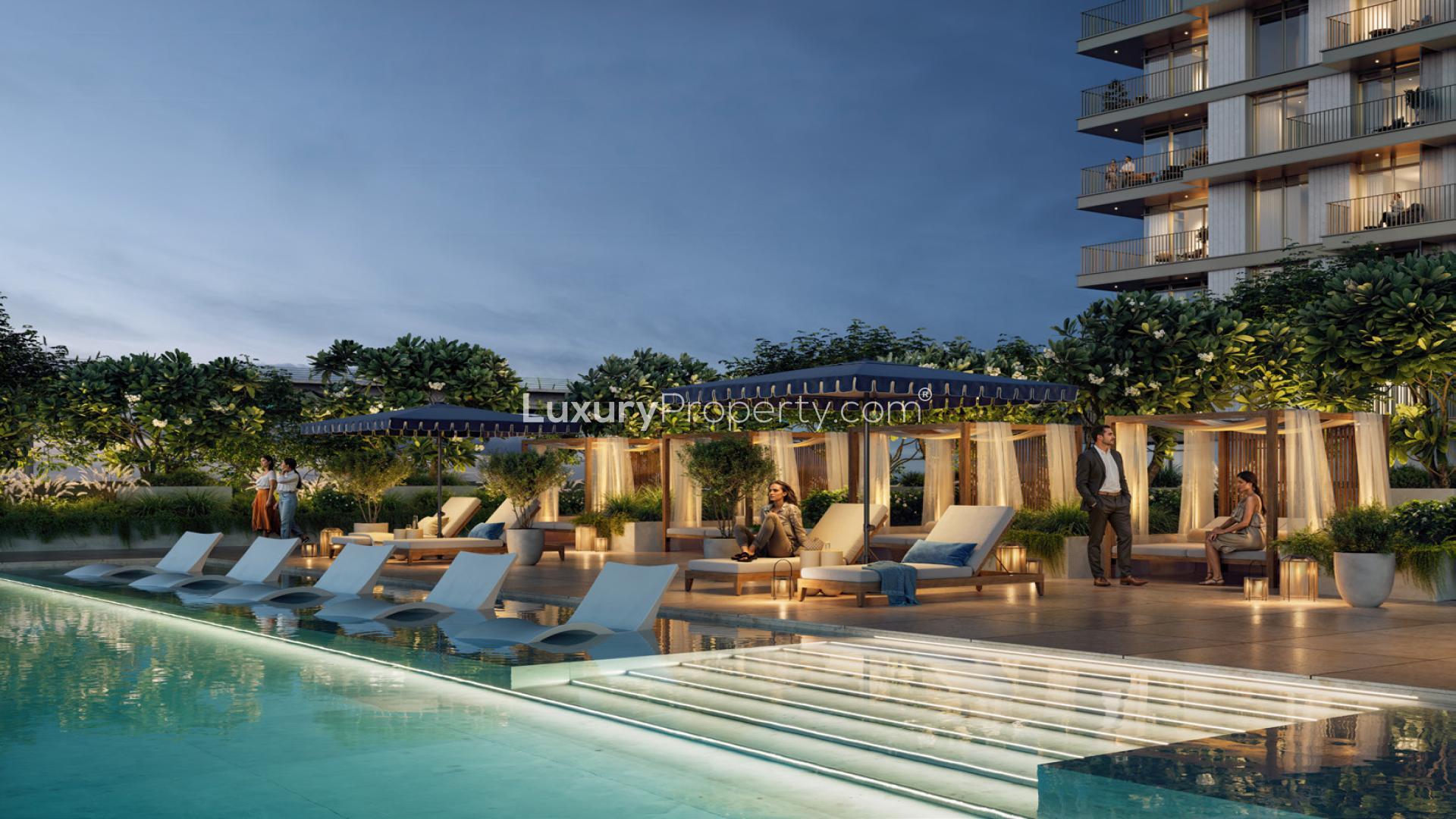 Luxurious living room with waterfront view in 3-bedroom apartment, Dubai Creek Harbour