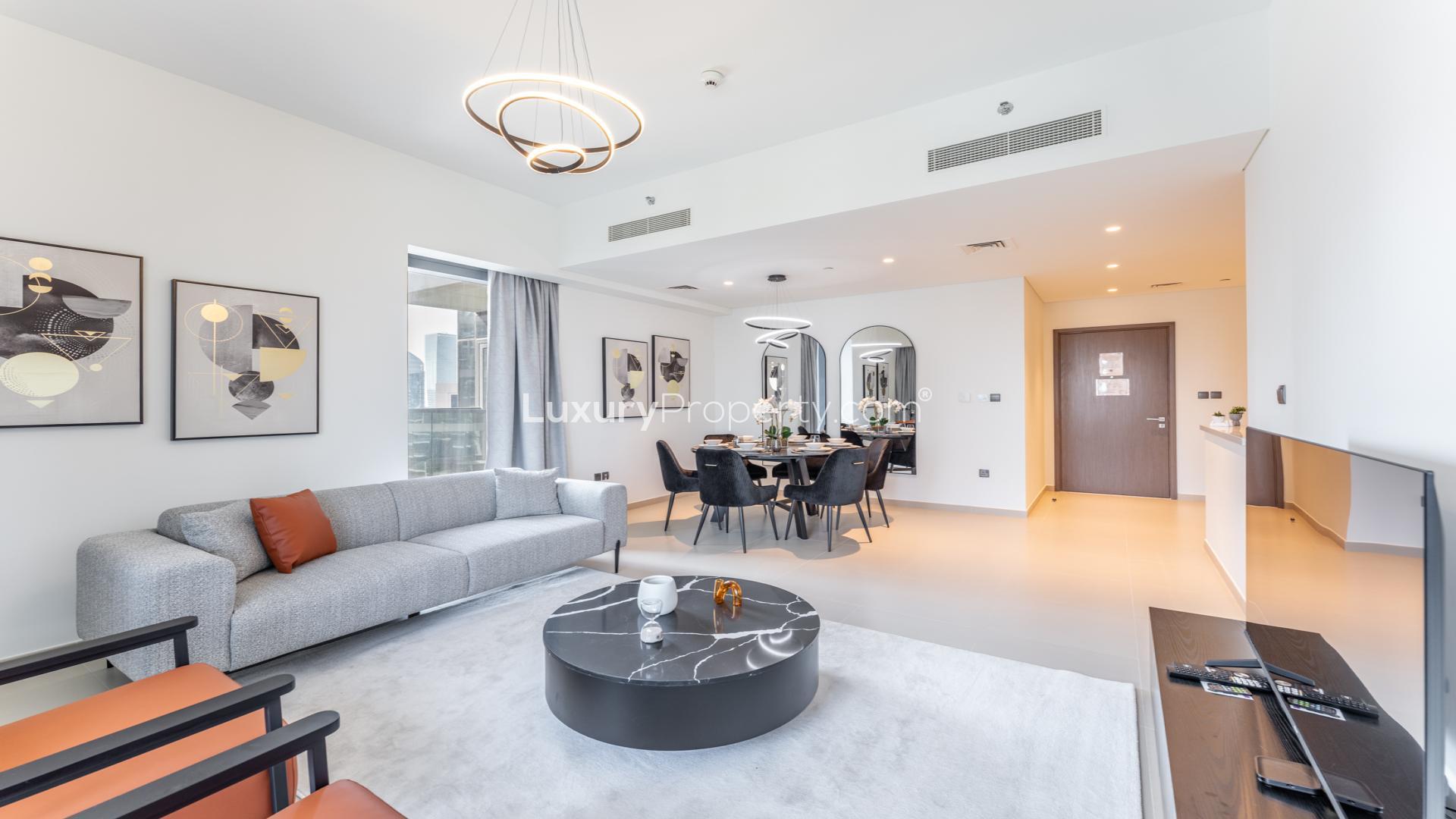 Balcony view from 3-bedroom apartment in Act Towers, Downtown Dubai overlooking city skyline