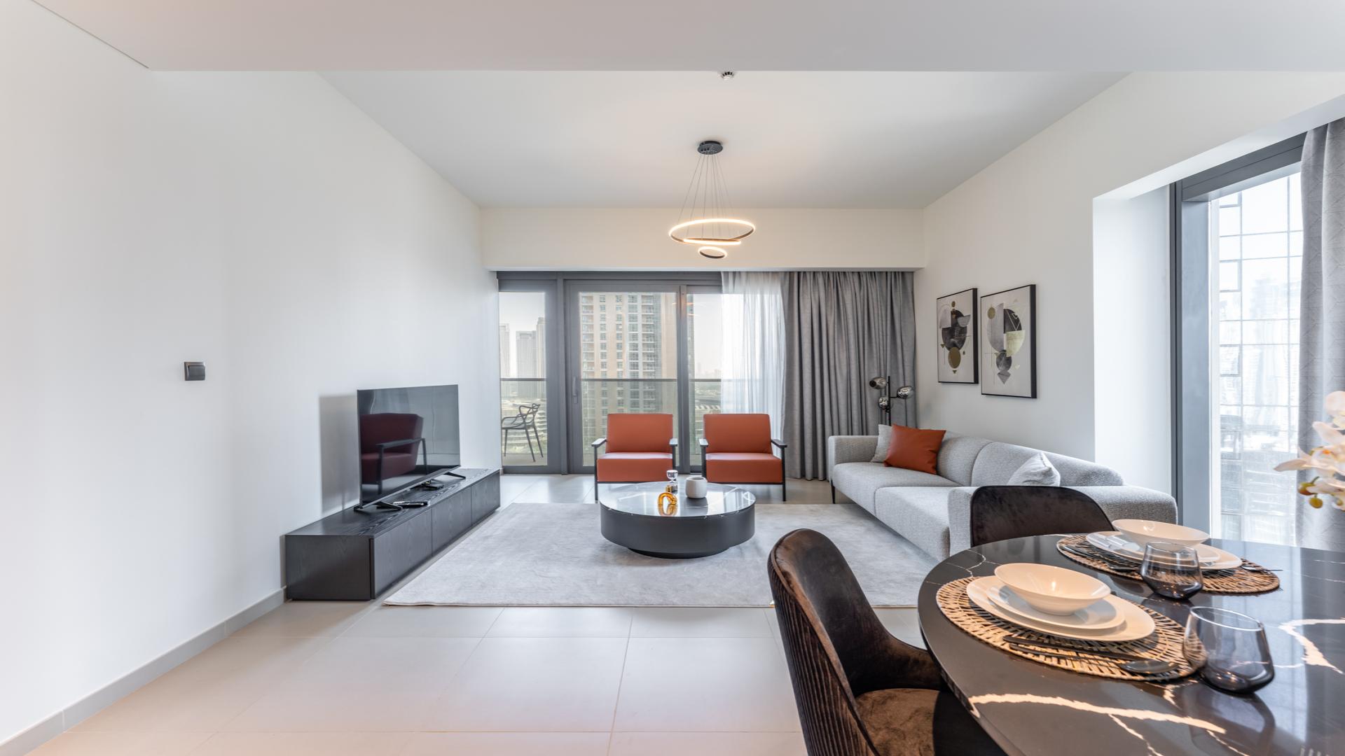 Modern living room in 3-bedroom apartment, Act Towers, Opera District, Downtown Dubai