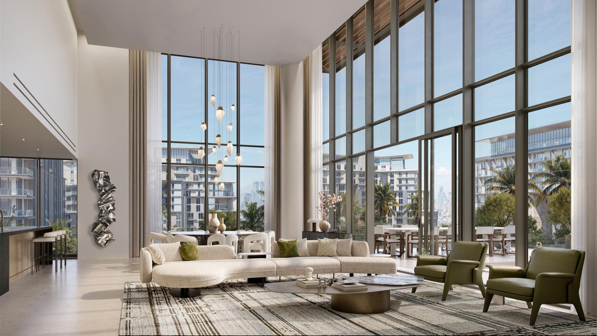 "Modern apartment exterior at City Walk Crestlane, showcasing luxury residential design and lush landscaping.",Luxurious living room with modern decor in City Walk Crestlane apartment, large windows view