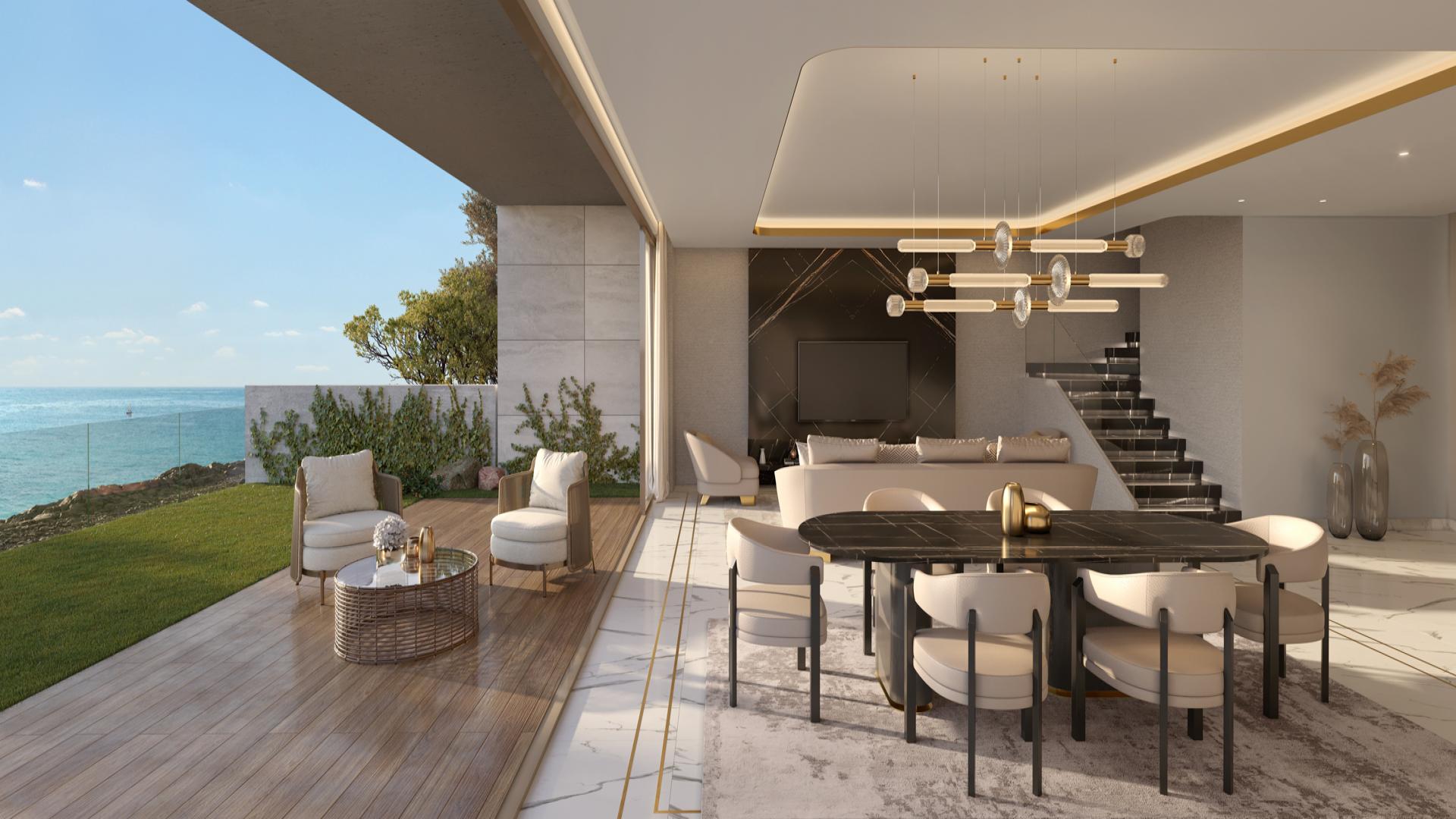 Luxurious living room with ocean view in mid-row villa, Aida Oman, Muscat