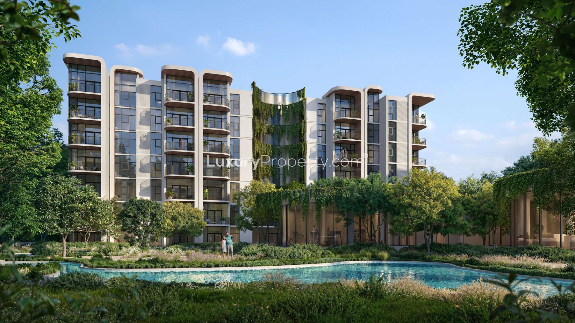 Luxury forest-facing apartment at Capria, Ghaf Woods with lush greenery and modern architecture