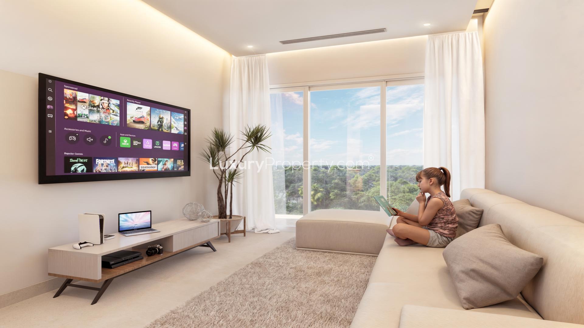 Modern living room and dining area in The Stella apartment, Cozumel Island