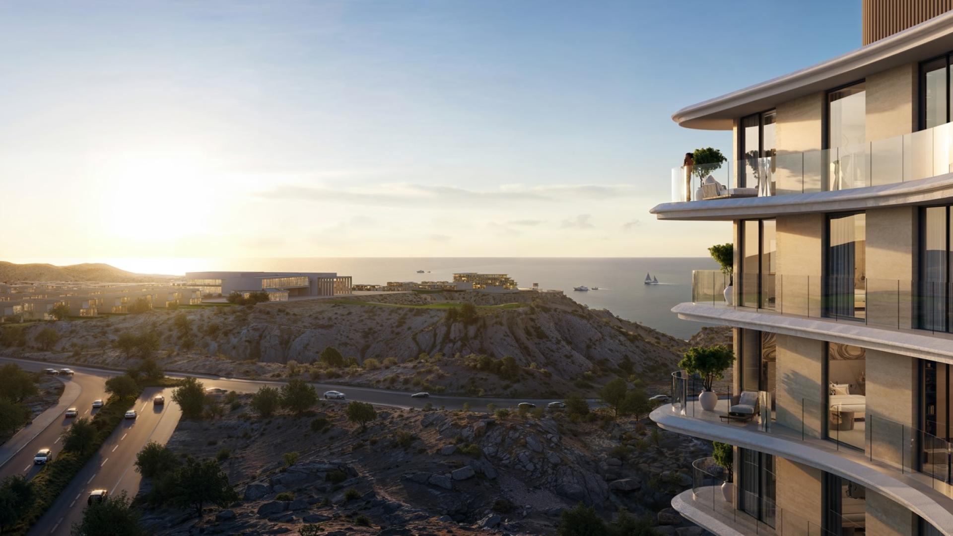 Oceanfront apartment building exterior at Marriott Residences, AIDA, Muscat, Oman for sale