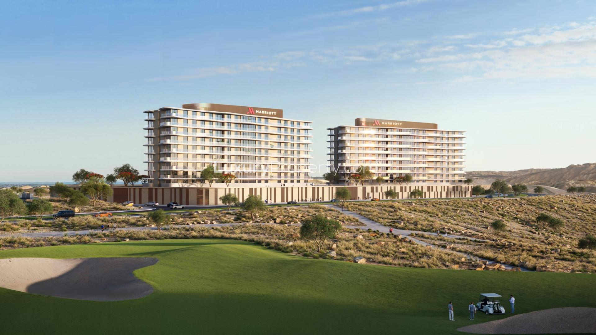 Oceanfront apartment view in AIDA, Muscat Oman, showcasing balconies and scenic sea landscape