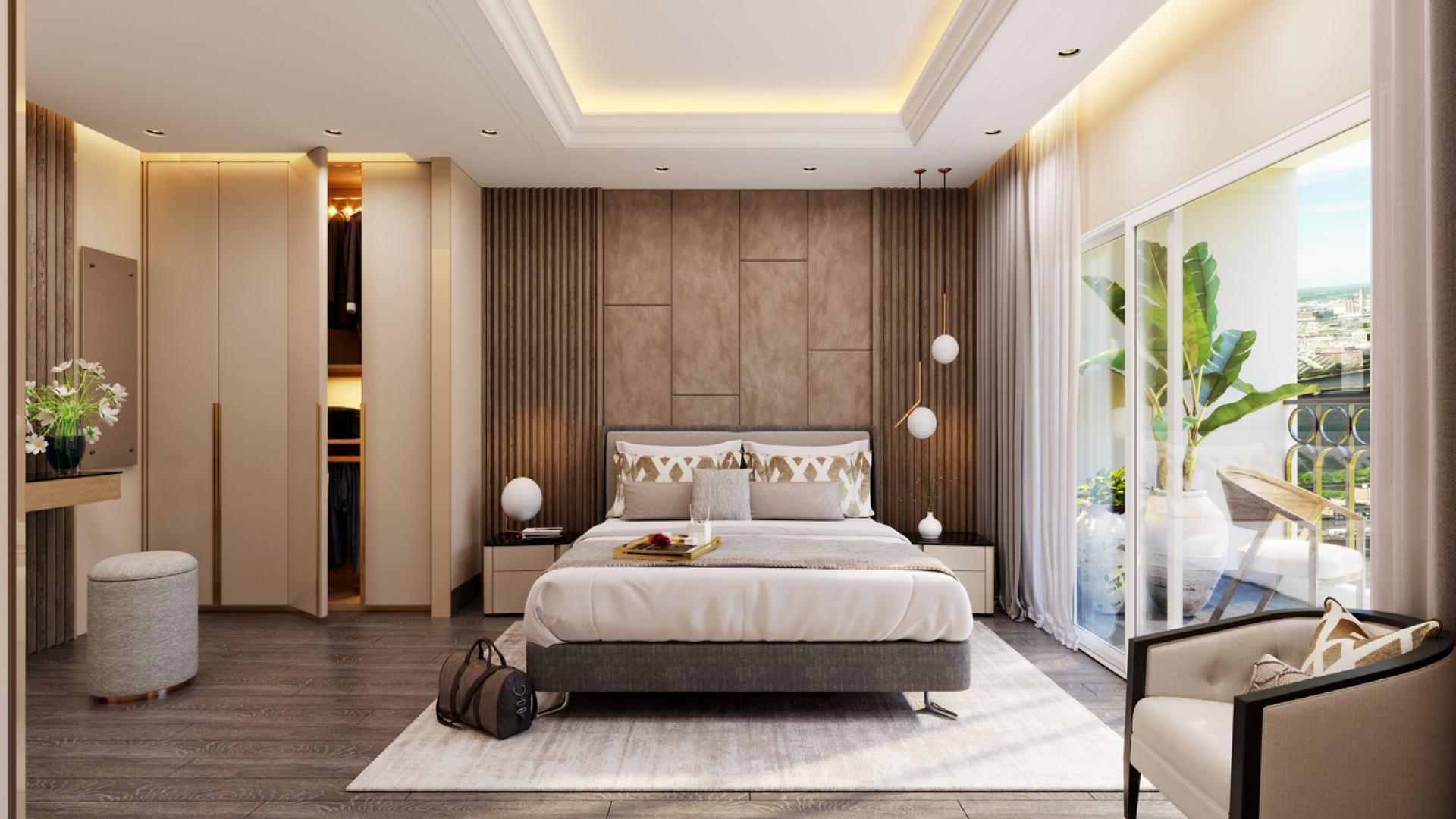 Luxurious master bedroom in Sobha Ayana 3-bedroom apartment, Bangalore with balcony view