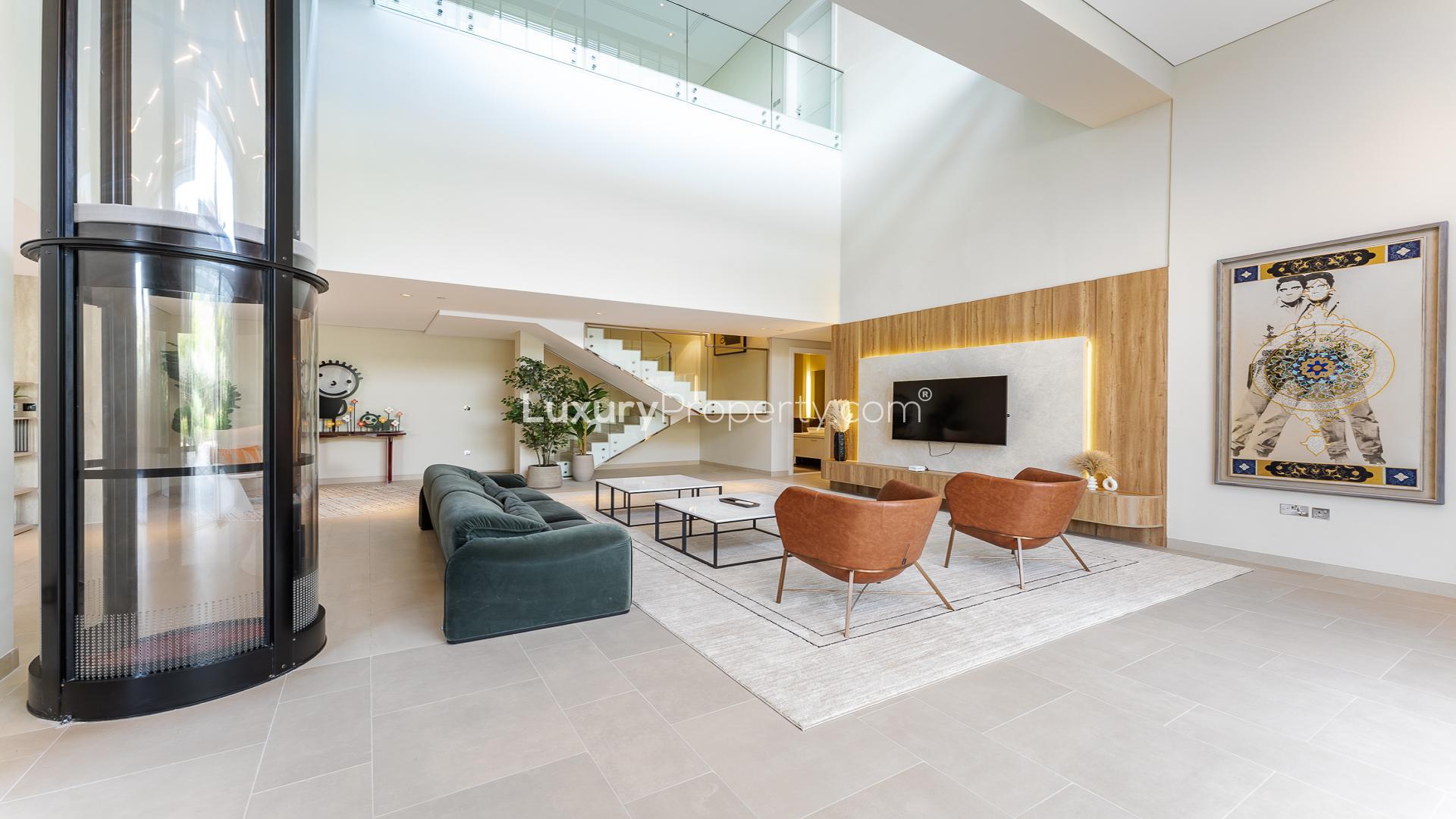 Luxurious living room in 3-bedroom duplex, Seventh Heaven, Al Barari, with modern decor