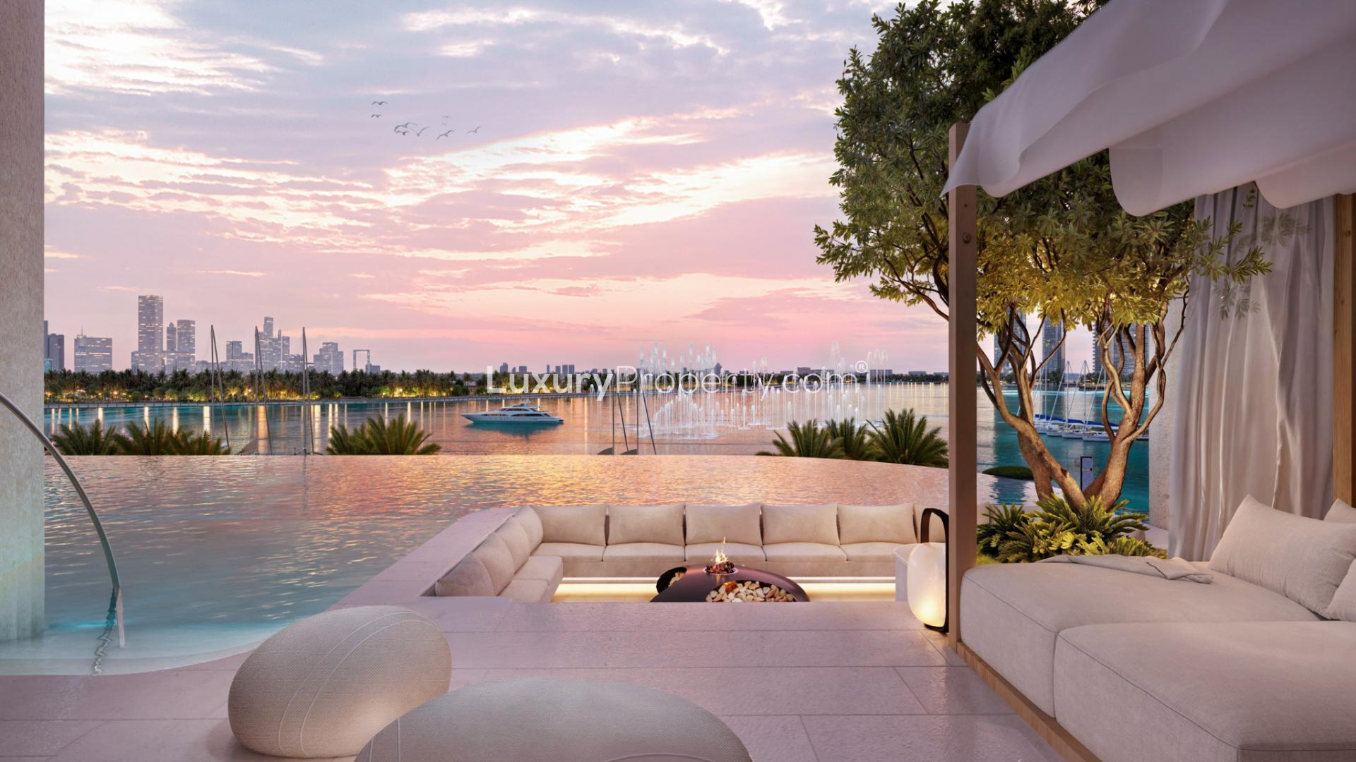 Luxurious apartment view in Atélis, Dubai Design District, overlooking waterfront and skyline