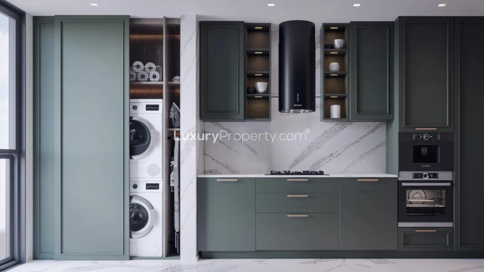 Modern bathroom with stylish mirror in Sterling Insignia apartments, Bhoganahalli, Bengaluru