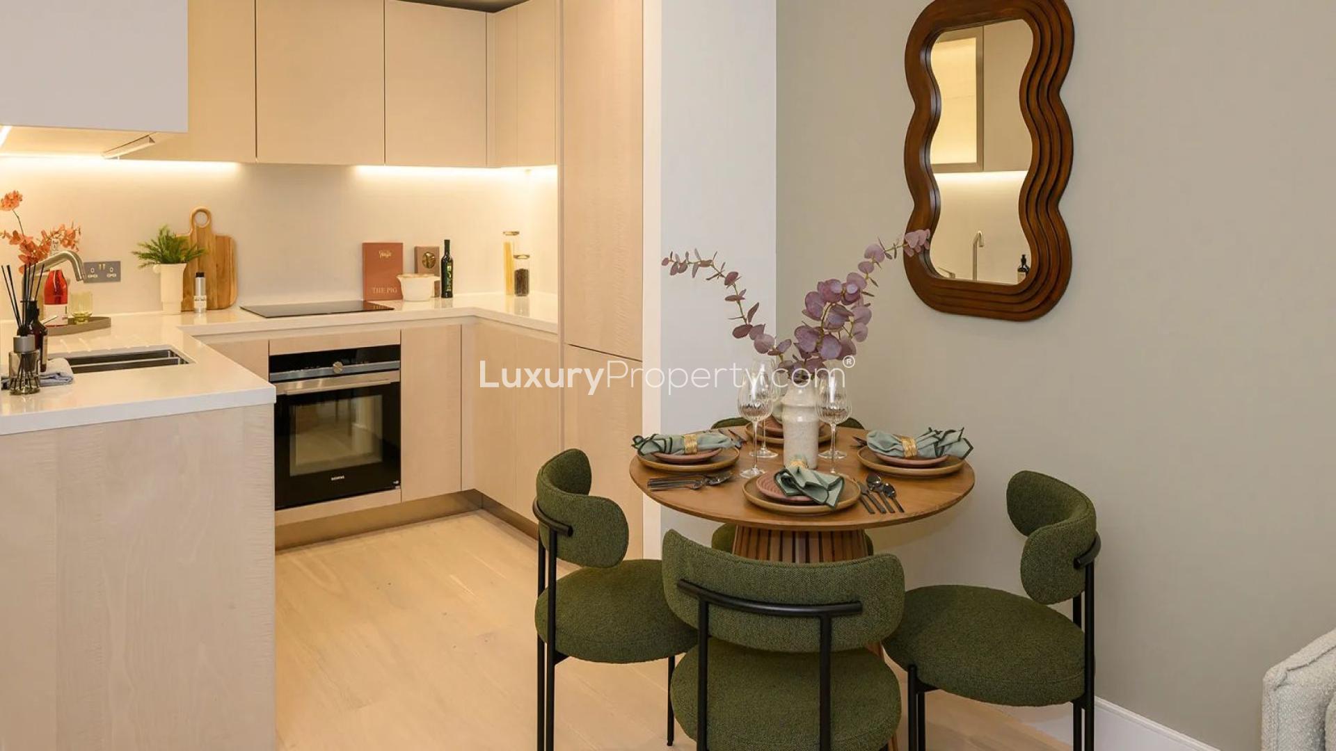 Outdoor garden view at Prince of Wales Drive apartment, London, with seating area