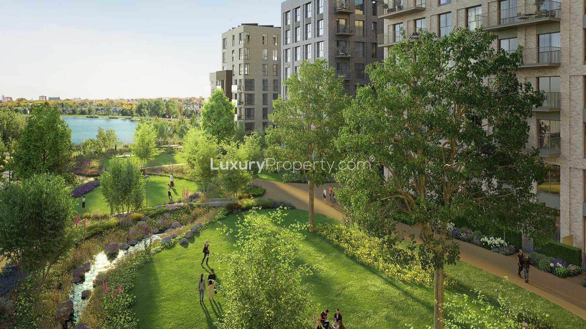 Balcony view from Amber Apartments, Woodberry Down, overlooking park and lake in London