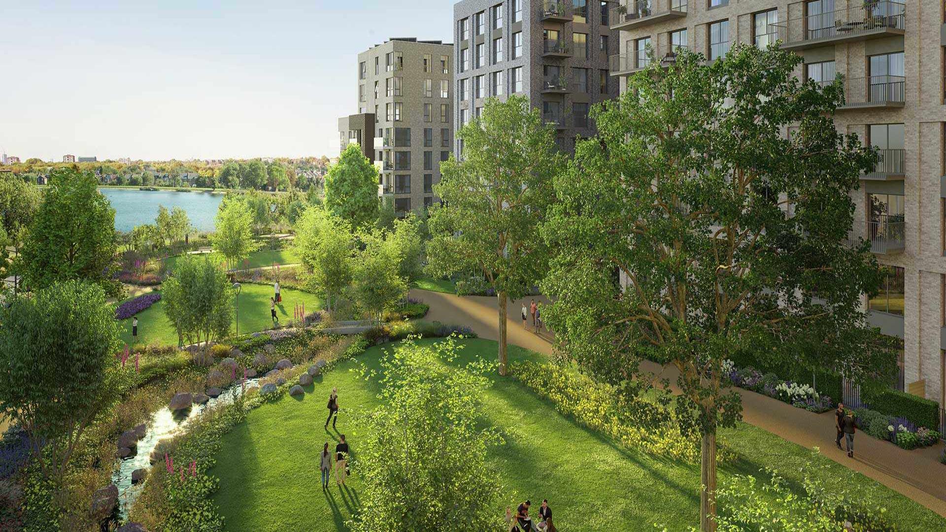 Balcony view from Amber Apartments, Woodberry Down, overlooking park and lake in London