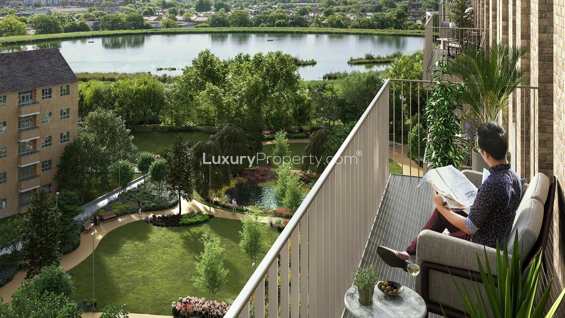 Balcony view from Amber Apartments, Woodberry Down, London, overlooking city skyline