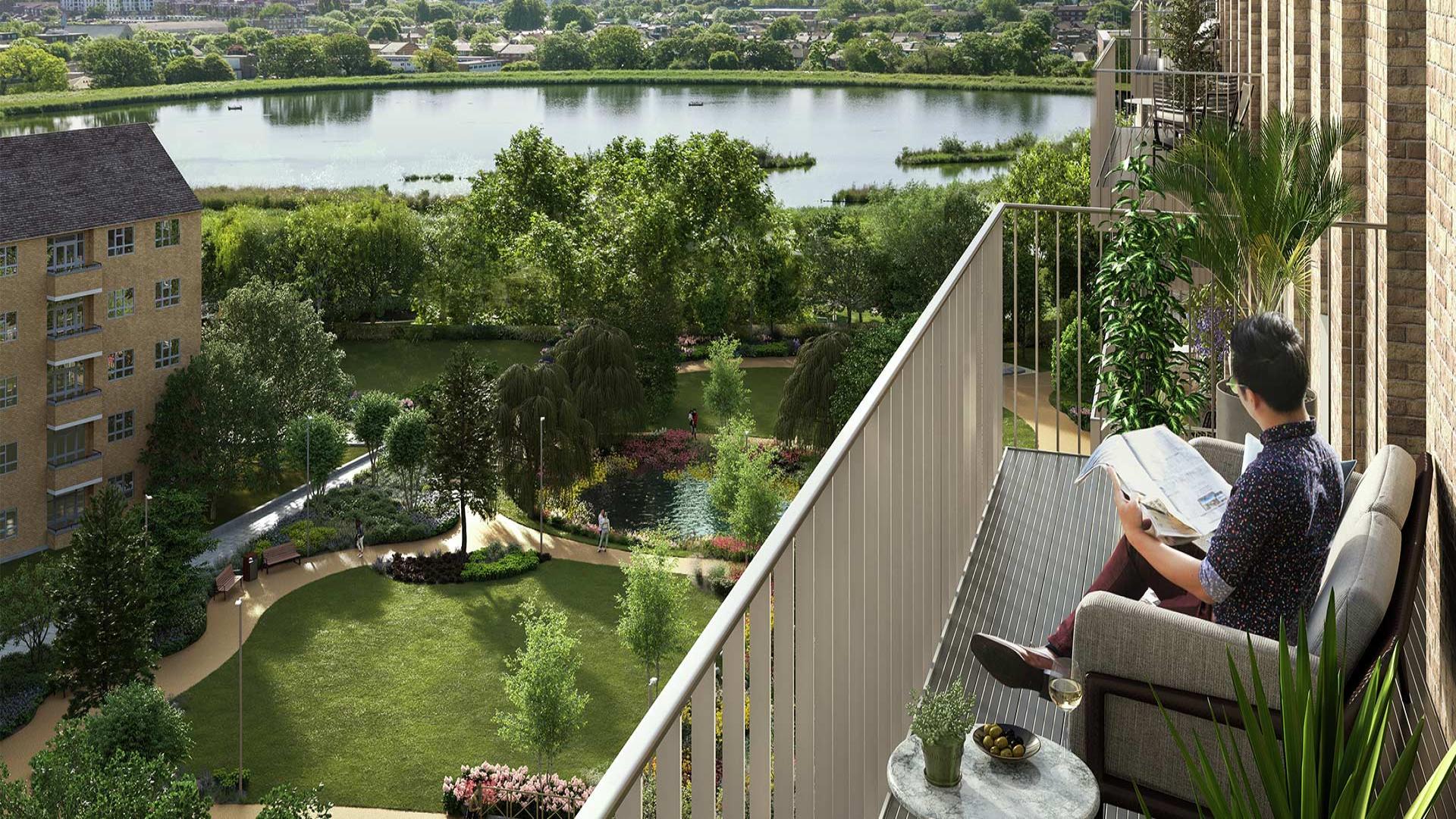 Balcony view from Amber Apartments, Woodberry Down, London, overlooking city skyline