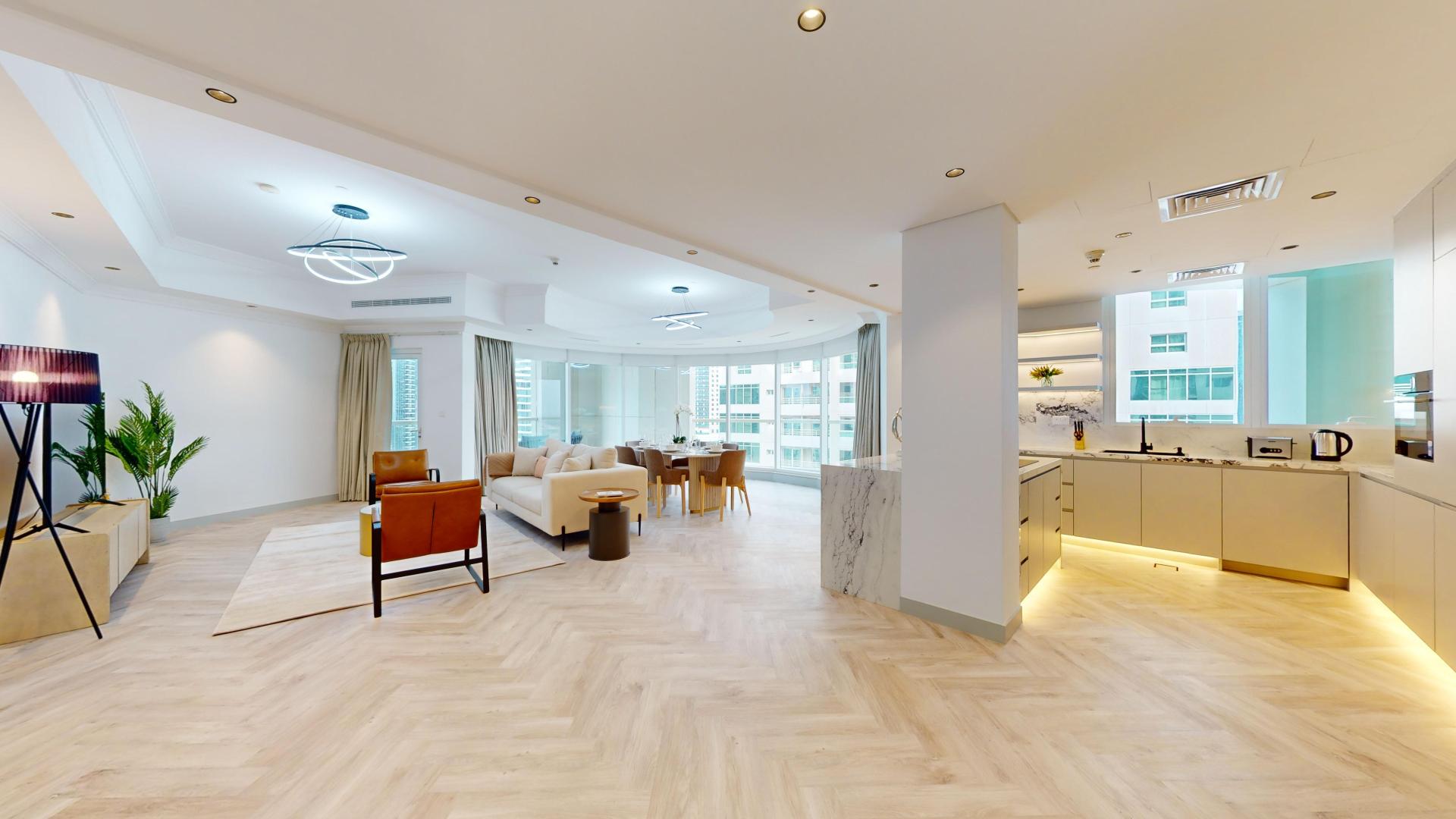 Luxurious living room in high-end renovated Dubai Marina apartment, Trident Waterfront