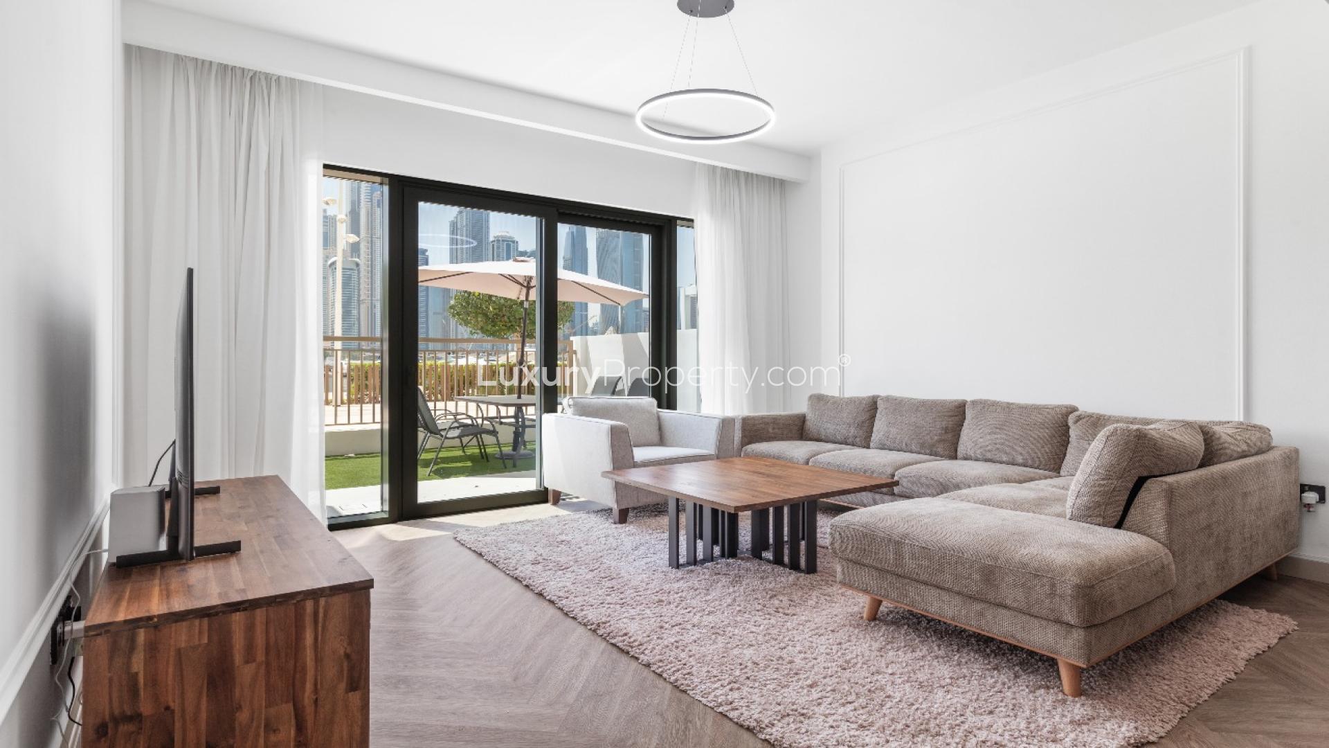 Balcony view of Dubai Marina skyline from Emaar Beachfront Marina Vista apartment for sale