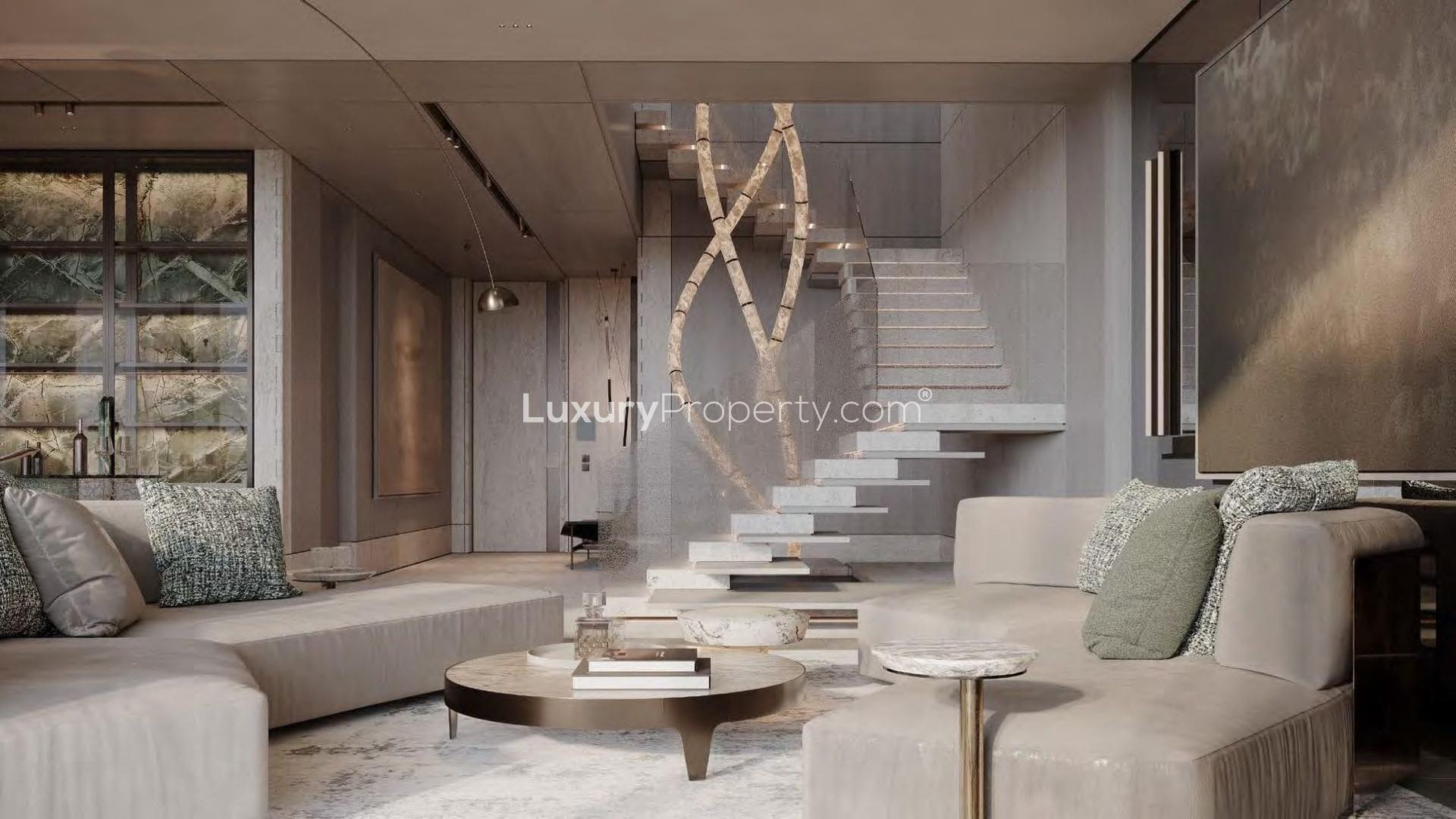 Modern apartment exterior at The Alba Residences, Palm Jumeirah, with city and sea views