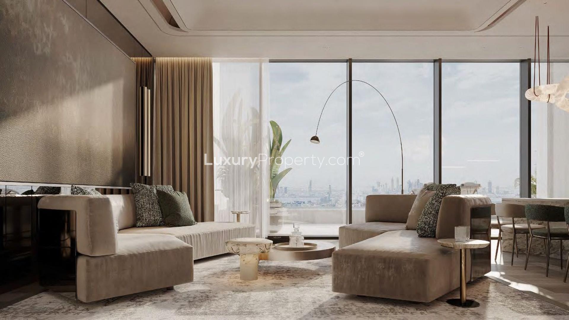 Luxurious dining area with city skyline view in Palm Jumeirah apartment for sale