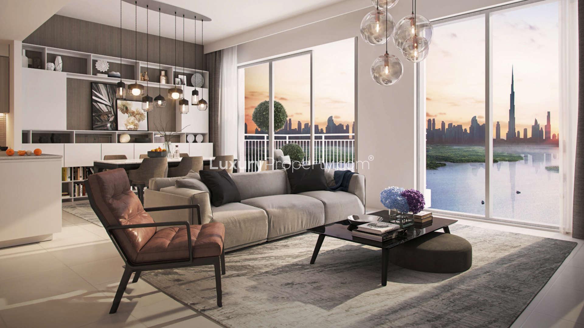 Luxurious 3-bedroom apartment building at 17 Icon Bay, Dubai Creek Harbour, vibrant community view