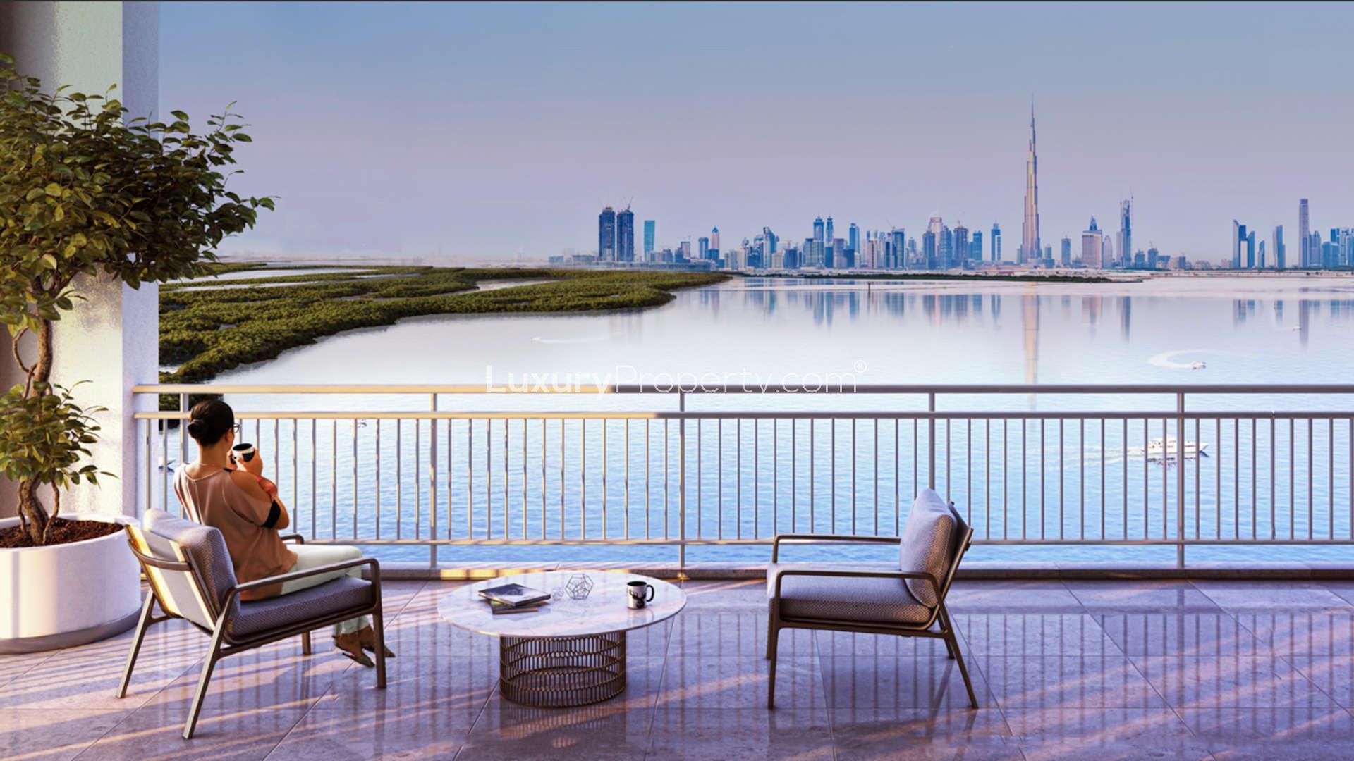 Luxurious bedroom with modern decor and skyline view, 3-bedroom apartment, Dubai Creek Harbour