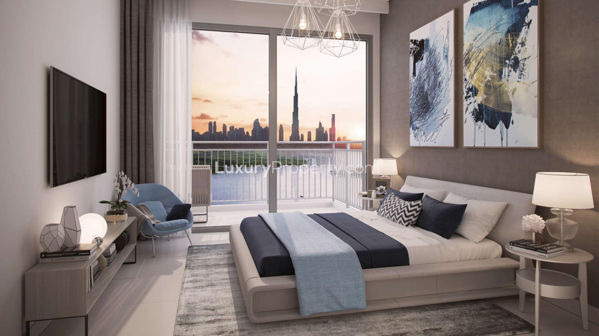 Luxurious living room with Dubai skyline view at 17 Icon Bay, Dubai Creek Harbour