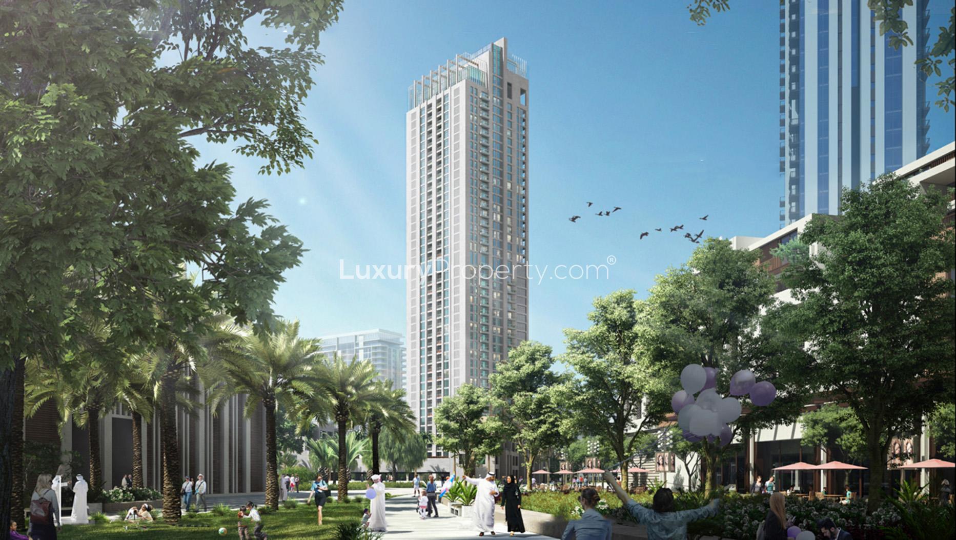 Elegant balcony view of Dubai skyline from 3-bedroom apartment at 17 Icon Bay