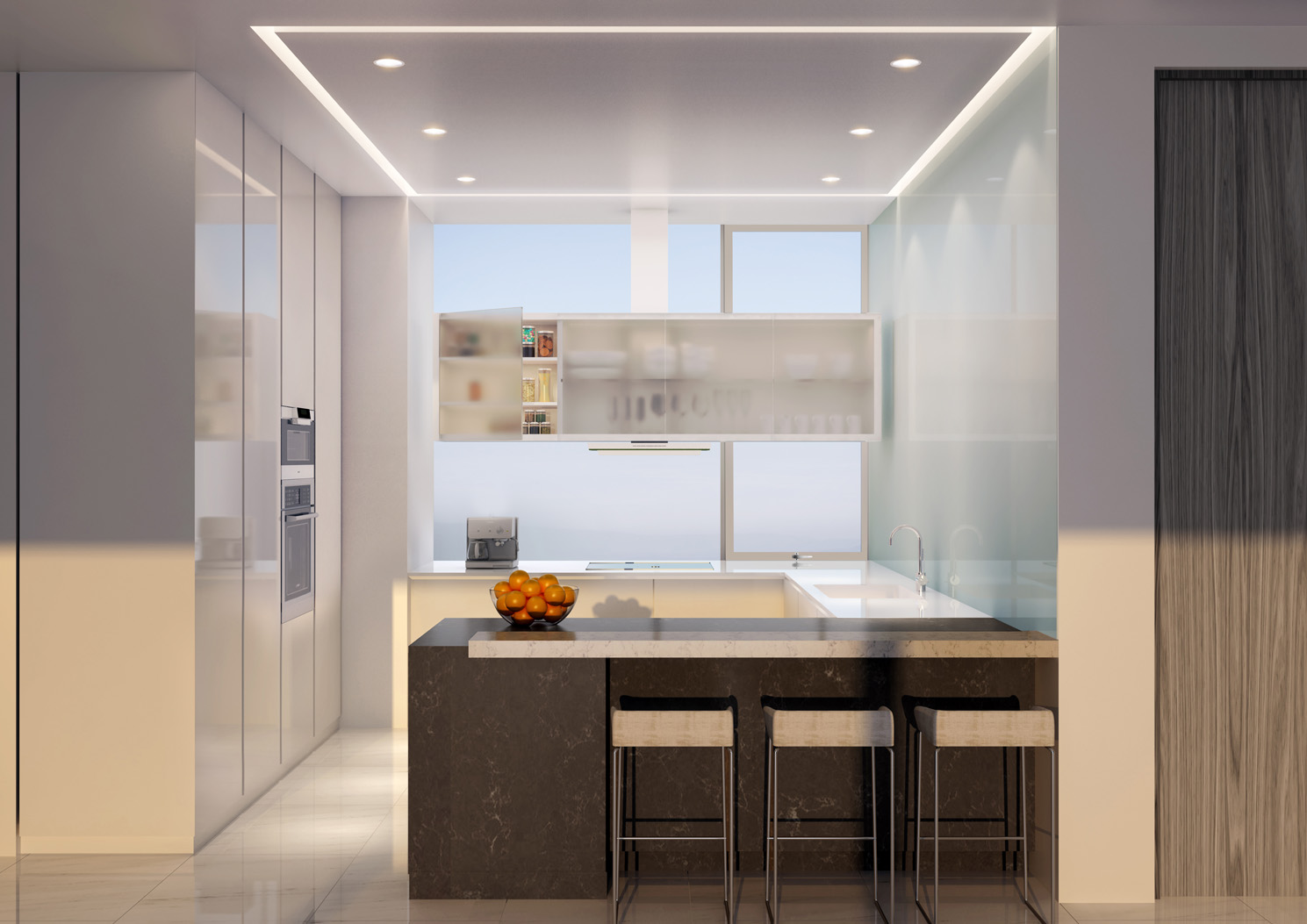 Modern living room in luxury beachfront apartment, 1 JBR, Dubai, with ocean view