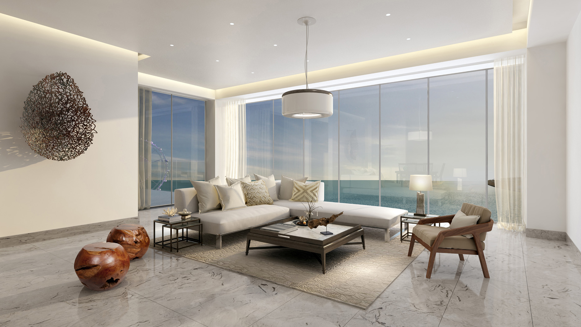 Luxury beachfront apartment living room with ocean view in 1 JBR, Dubai