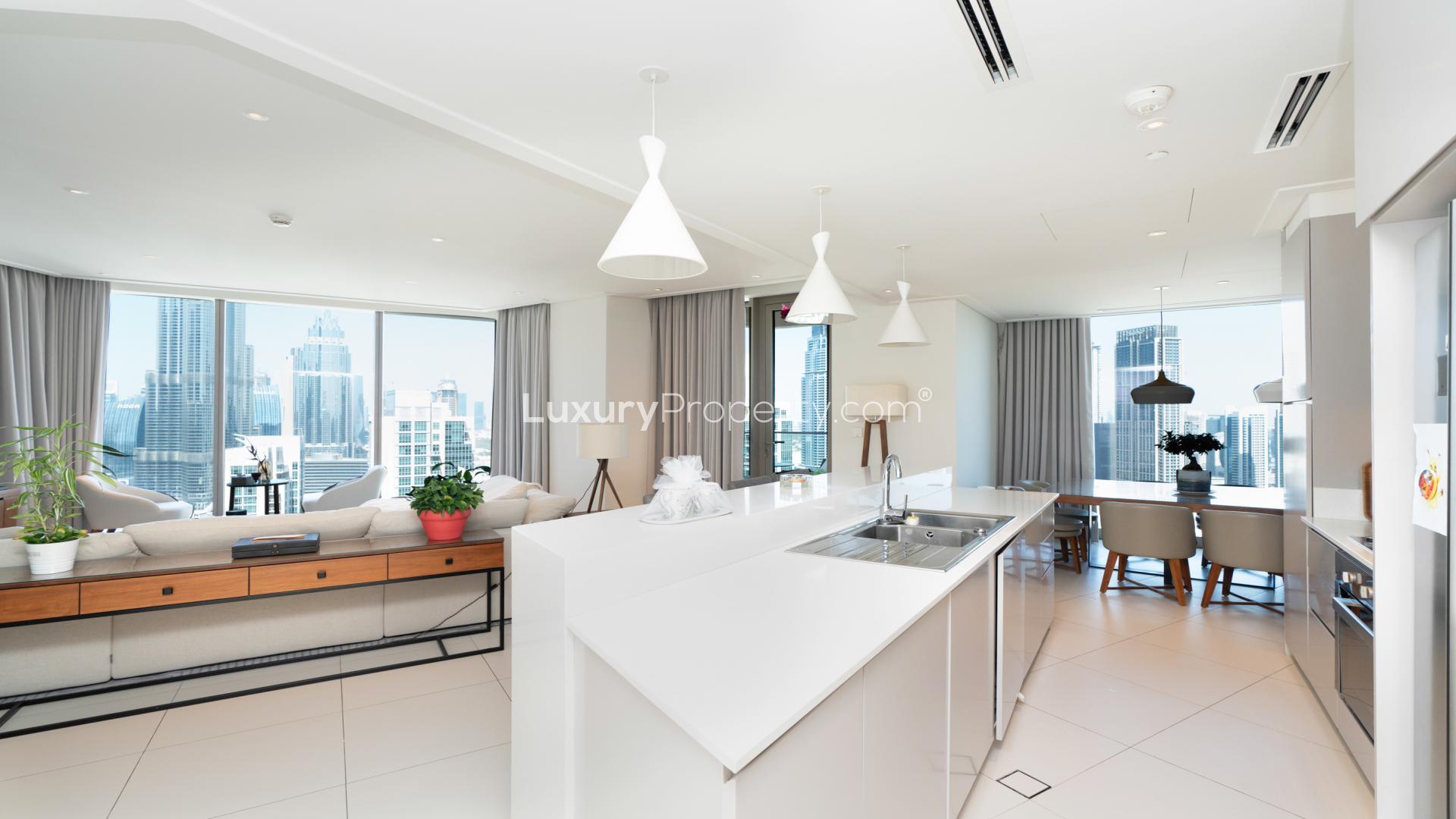 Modern living room in 3-bedroom apartment, Downtown Dubai, with Burj Khalifa views