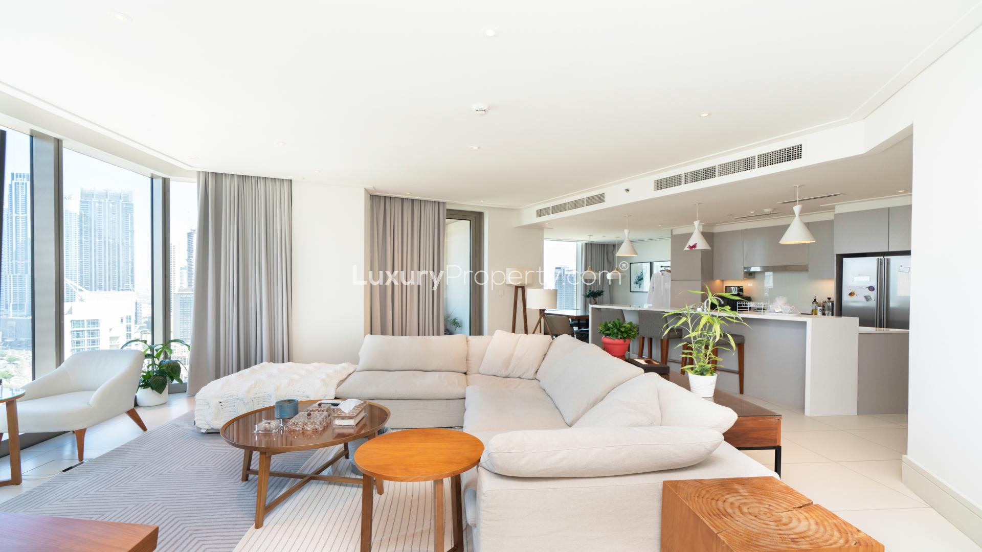 Luxurious living room in 3-bedroom apartment, Vida Residence Downtown Dubai, modern decor and furnishings