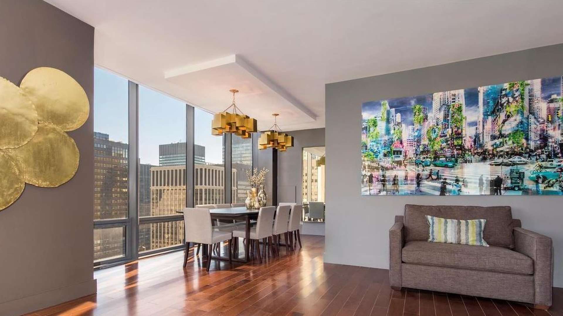 Luxurious Manhattan apartment living room with skyline views, modern decor, and large windows
