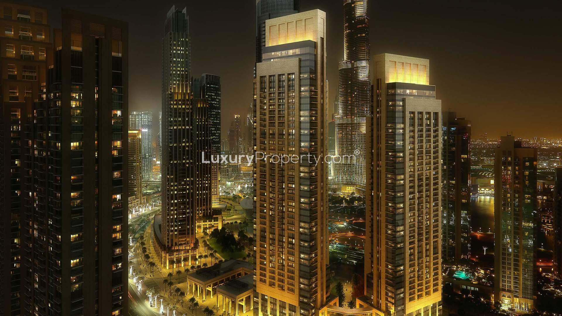 Luxury apartment balcony view of Downtown Dubai skyline, Act One/Act Two Towers