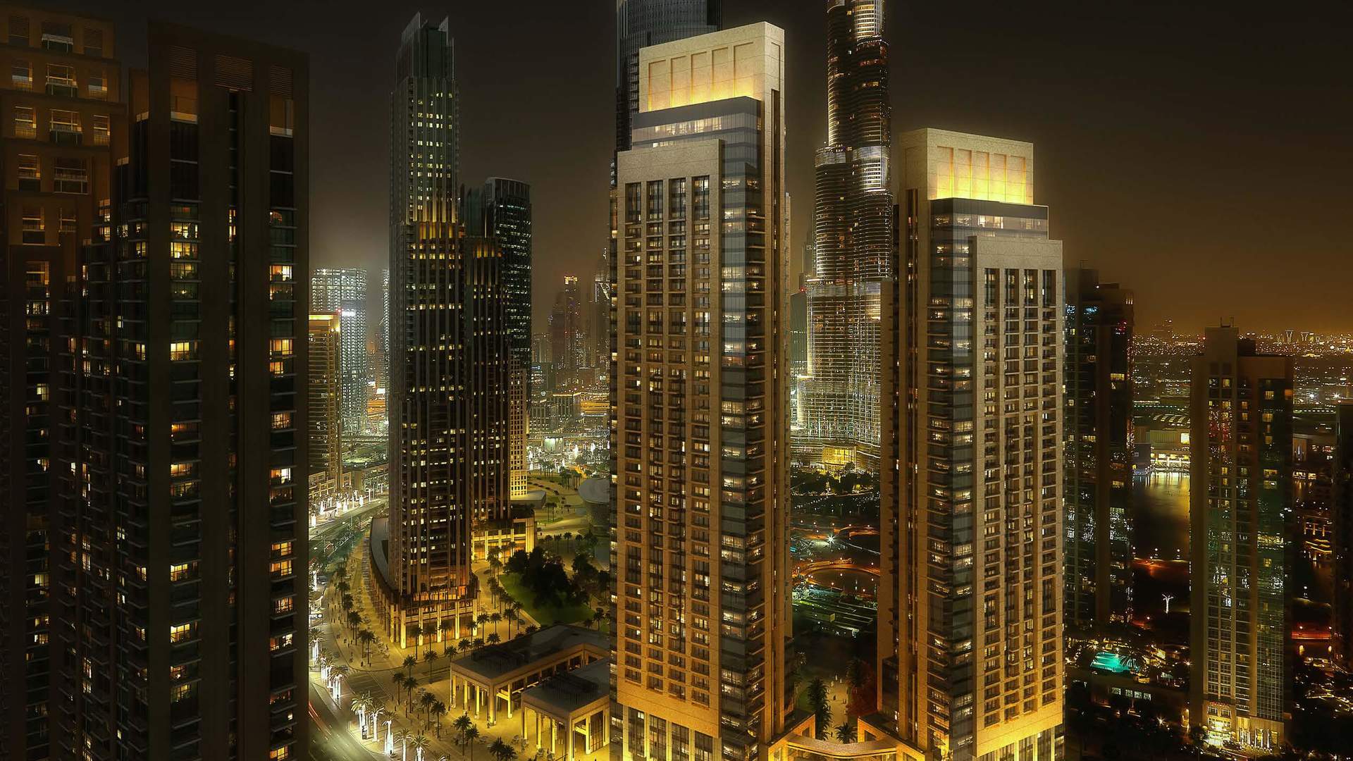Luxury apartment balcony view of Downtown Dubai skyline, Act One/Act Two Towers