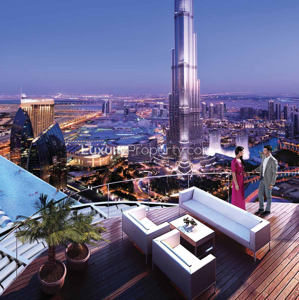 Sky View Towers and Downtown Dubai skyline, luxury apartment for sale at The Address Residences