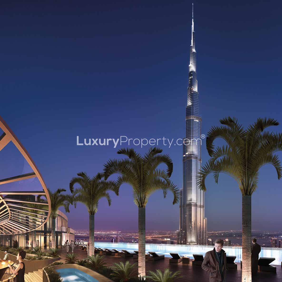 Luxury apartment terrace with Burj Khalifa view, Downtown Dubai, The Address Sky View Towers