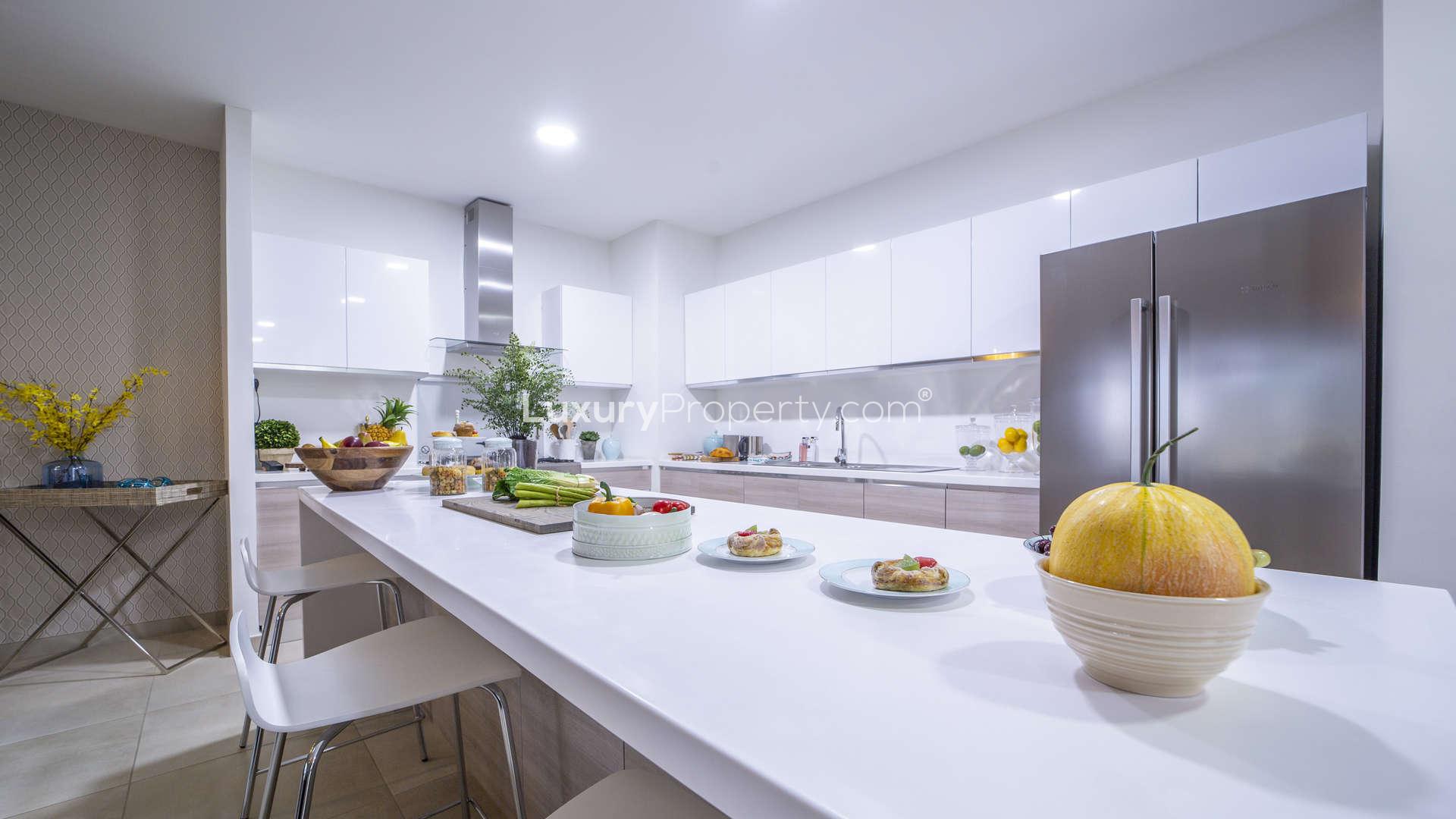 Hallway view leading to modern kitchen in Al Andalus Tower D apartment