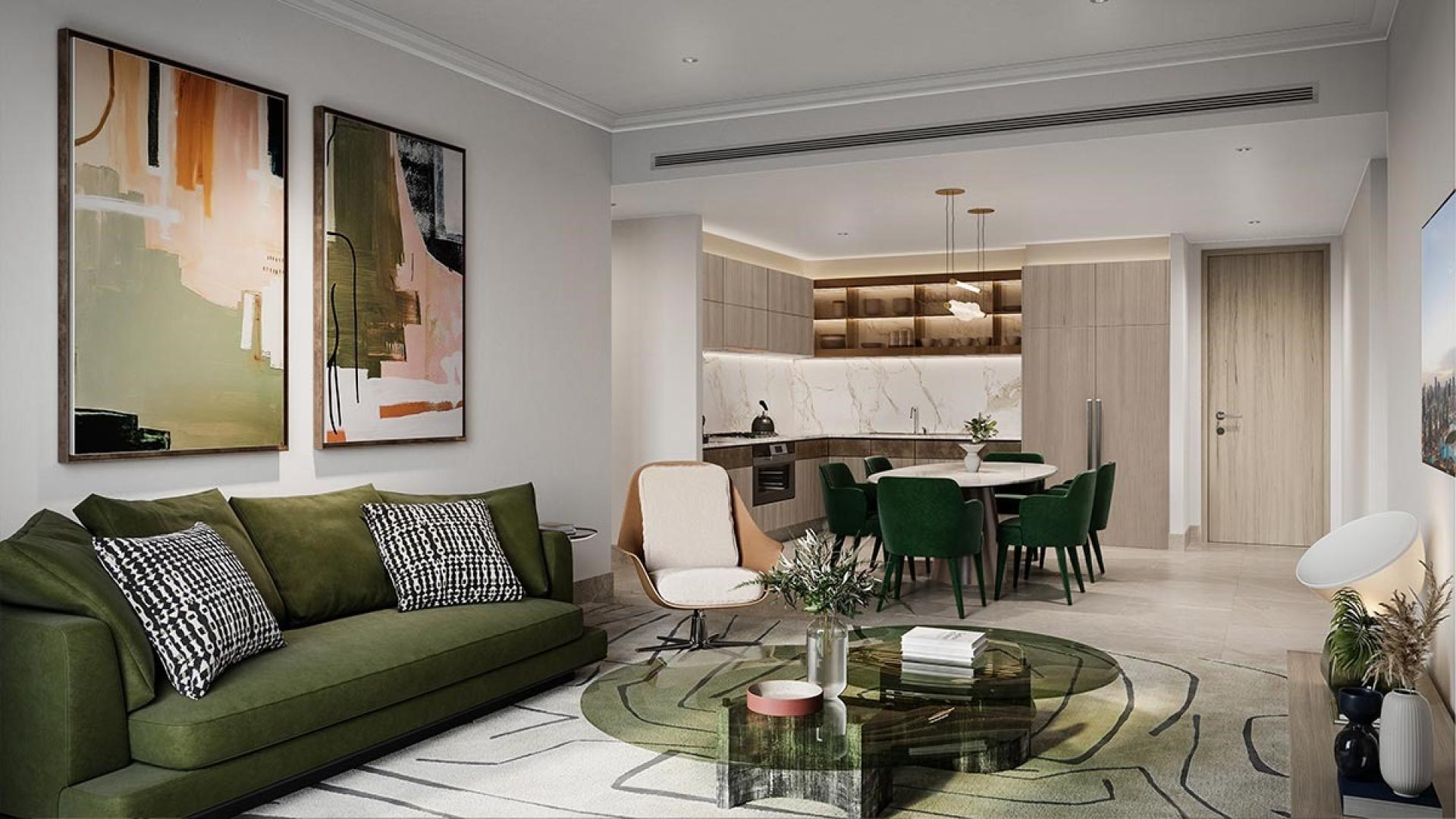 Elegant living room and kitchen in 3-bedroom apartment, St. Regis Downtown, Dubai