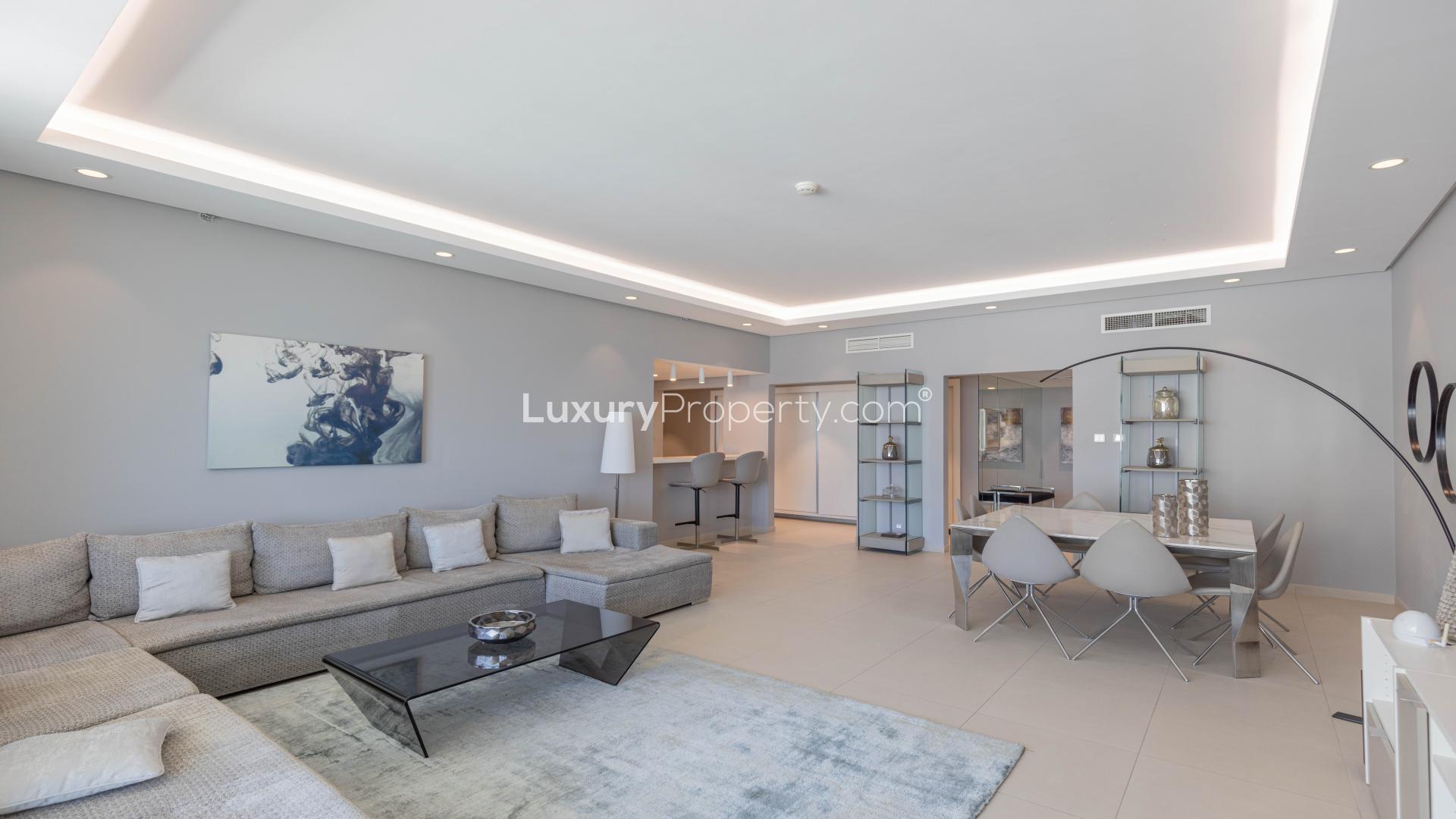 Modern living room in fully upgraded 3-bedroom apartment, Jumeirah Beach Residence, Al Bateen Residences
