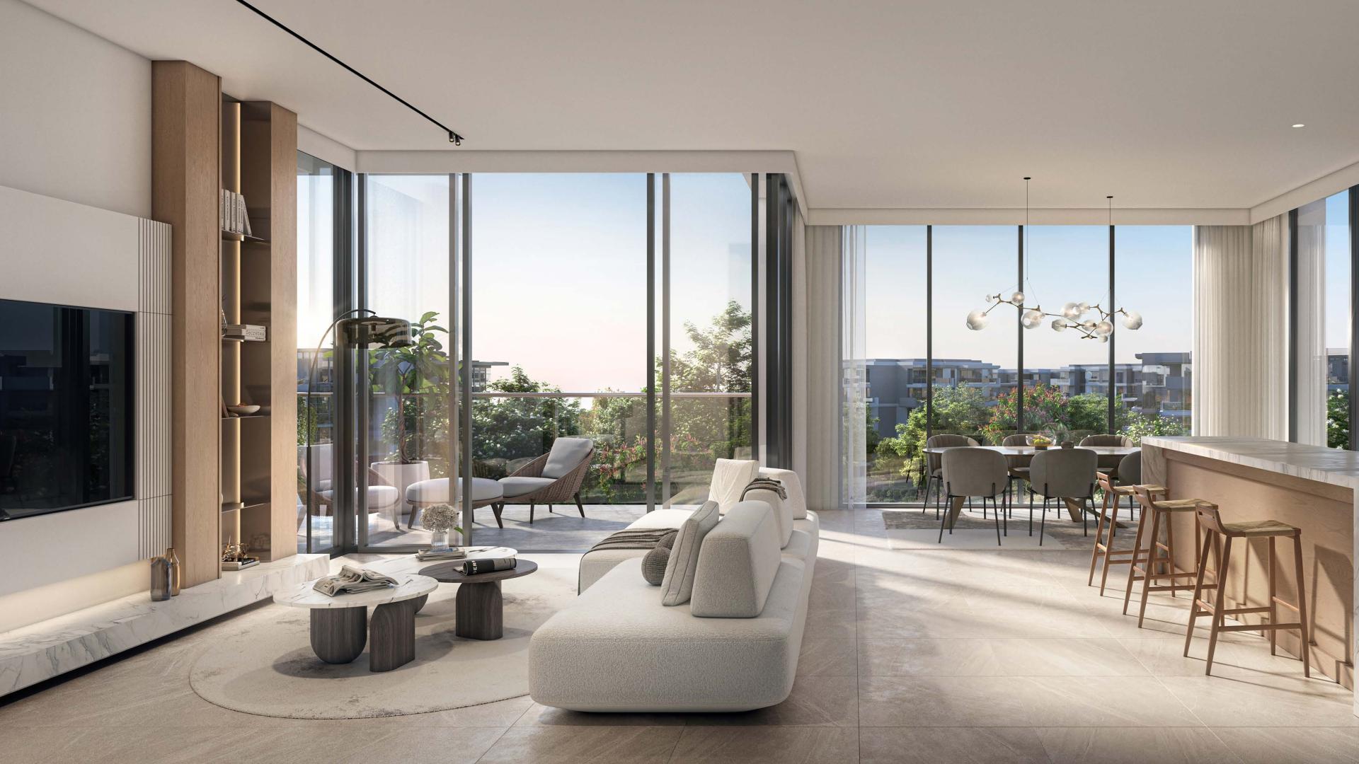 Lacina Residences entrance with lush greenery, Ghaf Woods, Dubai Land, new apartment launch