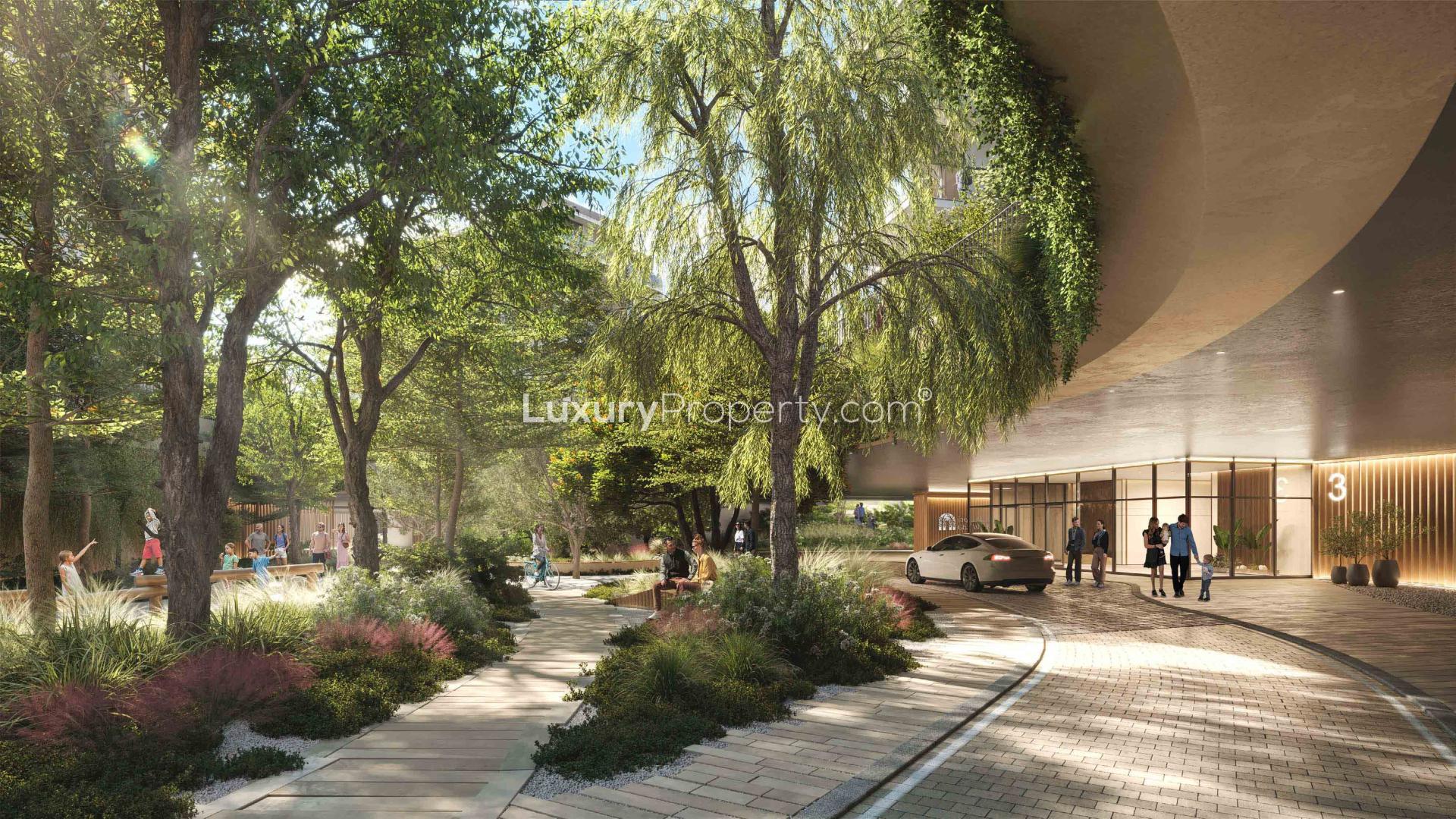 Modern living room in Lacina Residences, Ghafwoods, Dubai Land – 3-bedroom apartment for sale