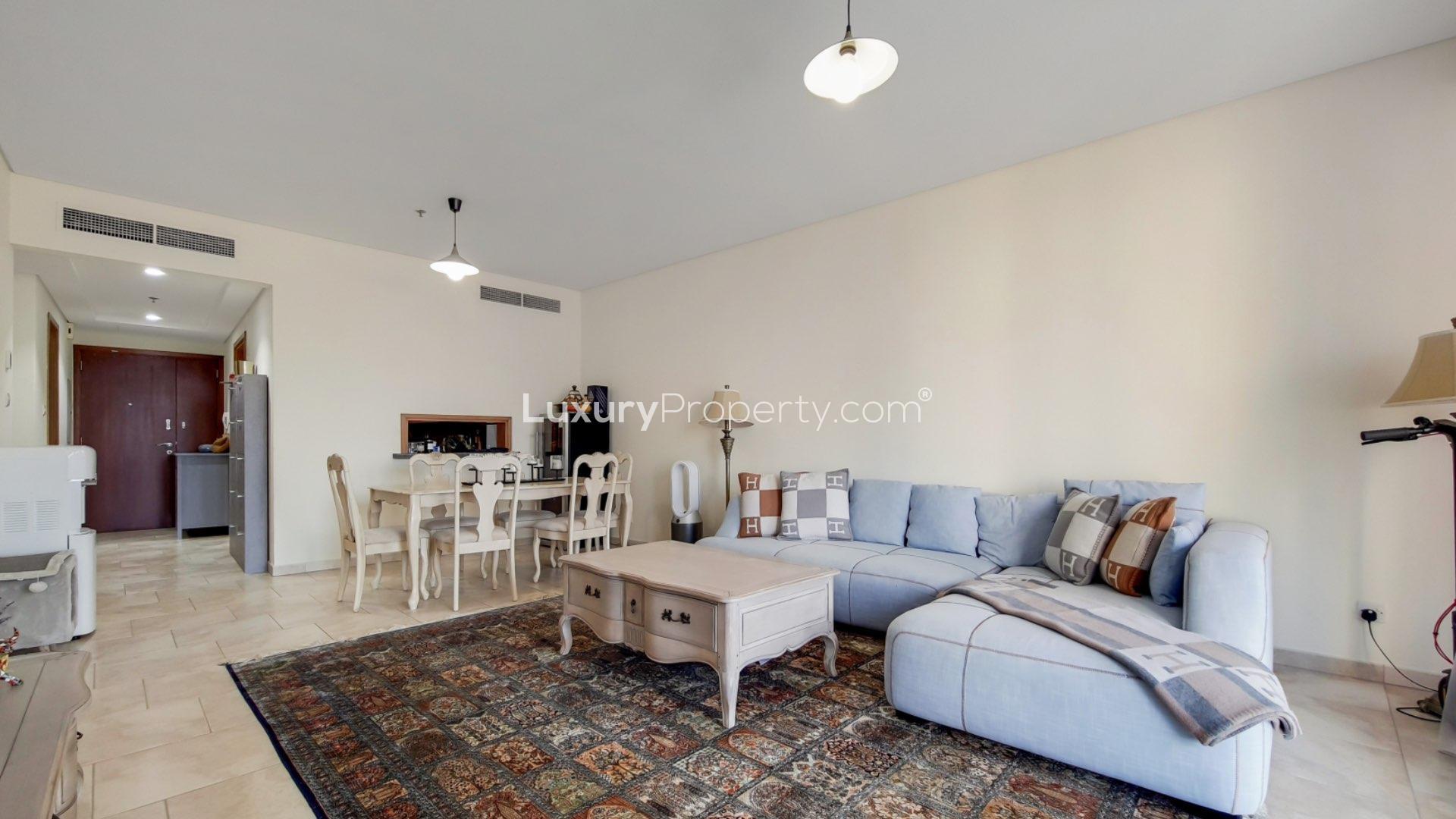 Balcony view from three-bed apartment in Al Fattan Marine Towers, JBR, with partial sea view