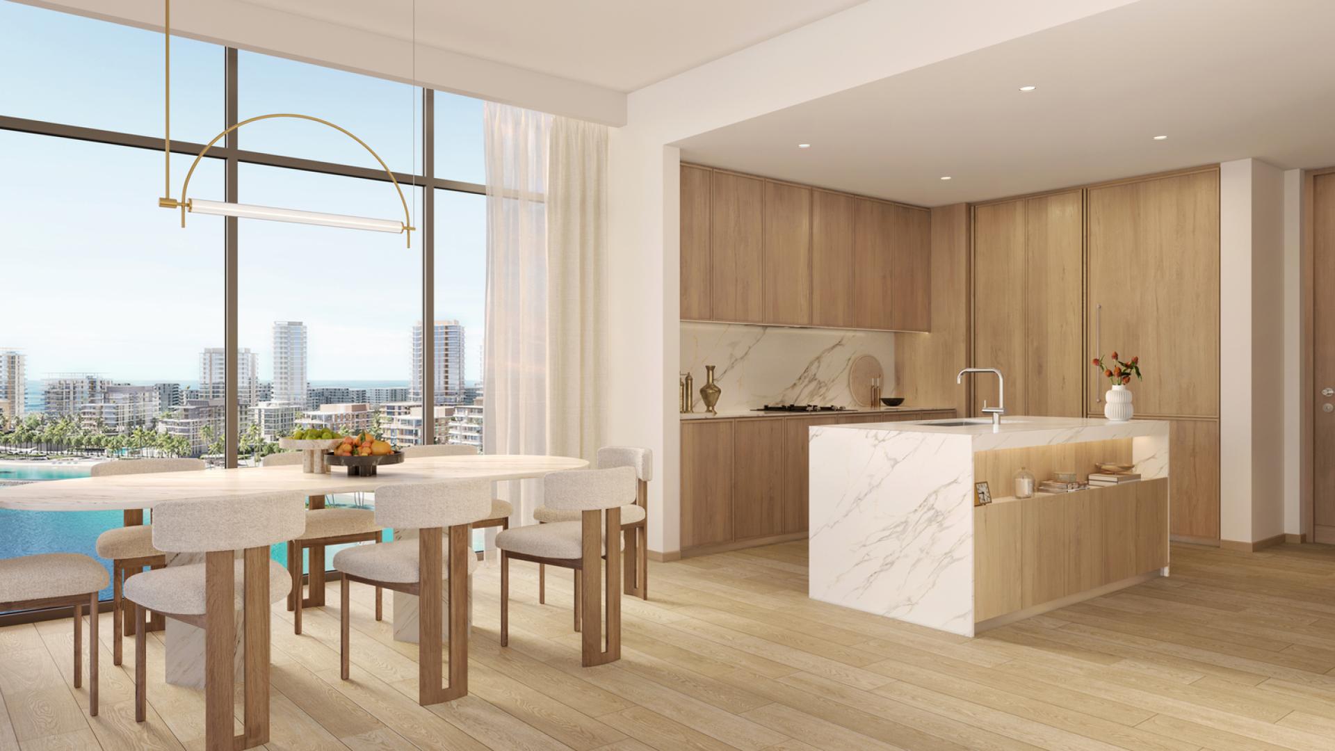 Modern kitchen and dining area in 3-bedroom apartment, Bay Grove Residences, Dubai Islands