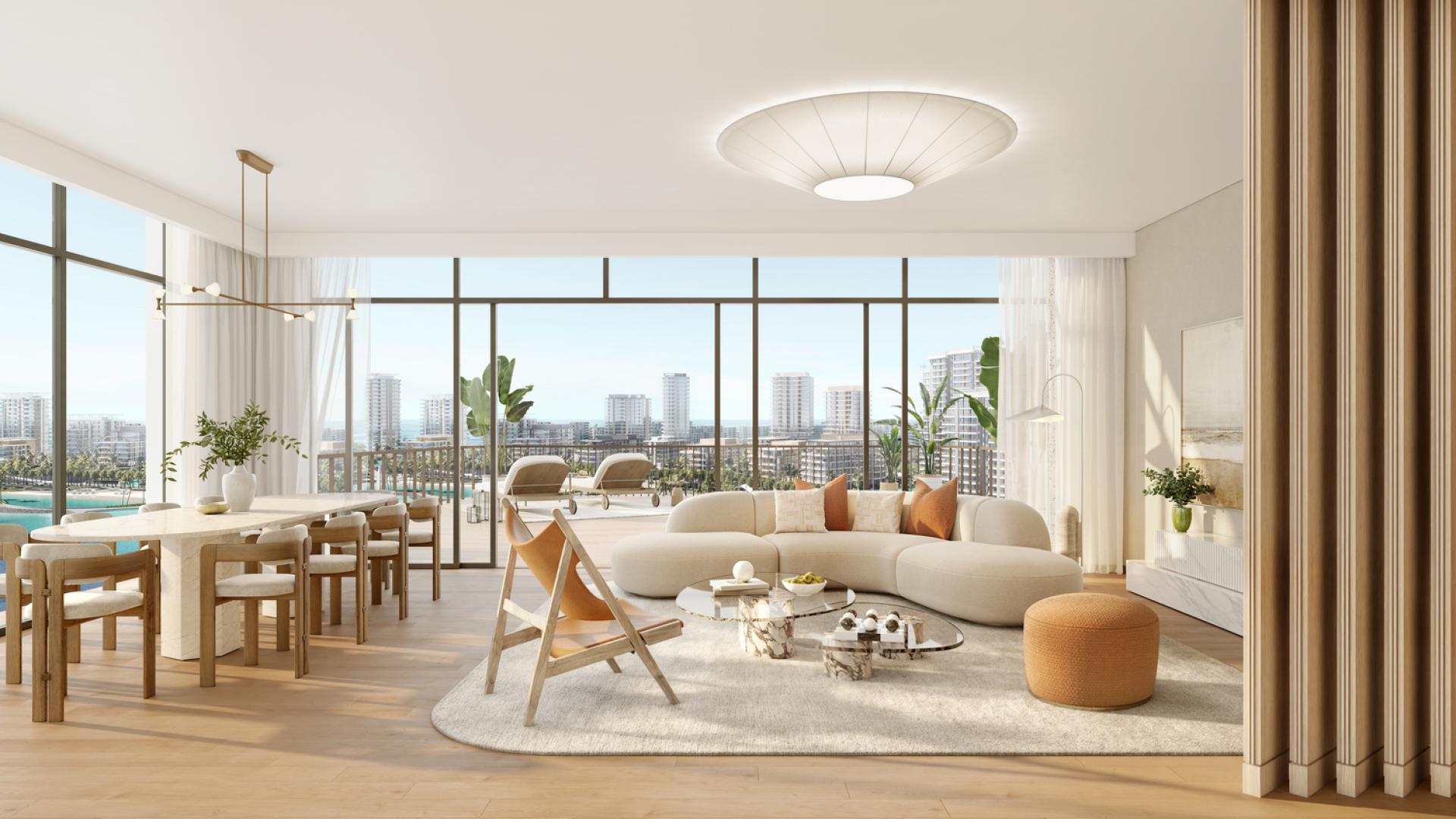 "Luxurious Dubai Islands apartment with stunning sea view at Bay Grove Residences, Deira.",Premium 3-bedroom apartment interior with modern decor at Bay Grove Residences, Dubai Islands