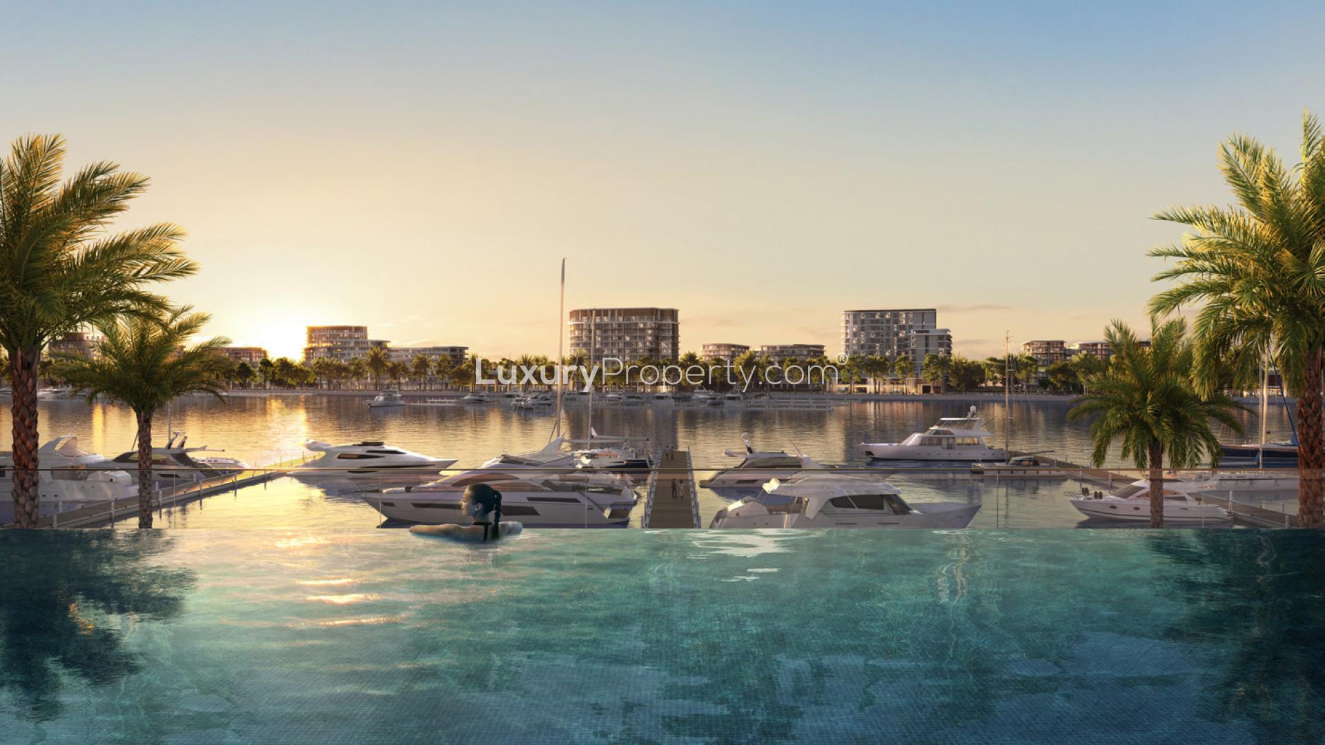 Waterfront living room view in 3-bedroom apartment, Pier Point 1, Rashid Yachts & Marina