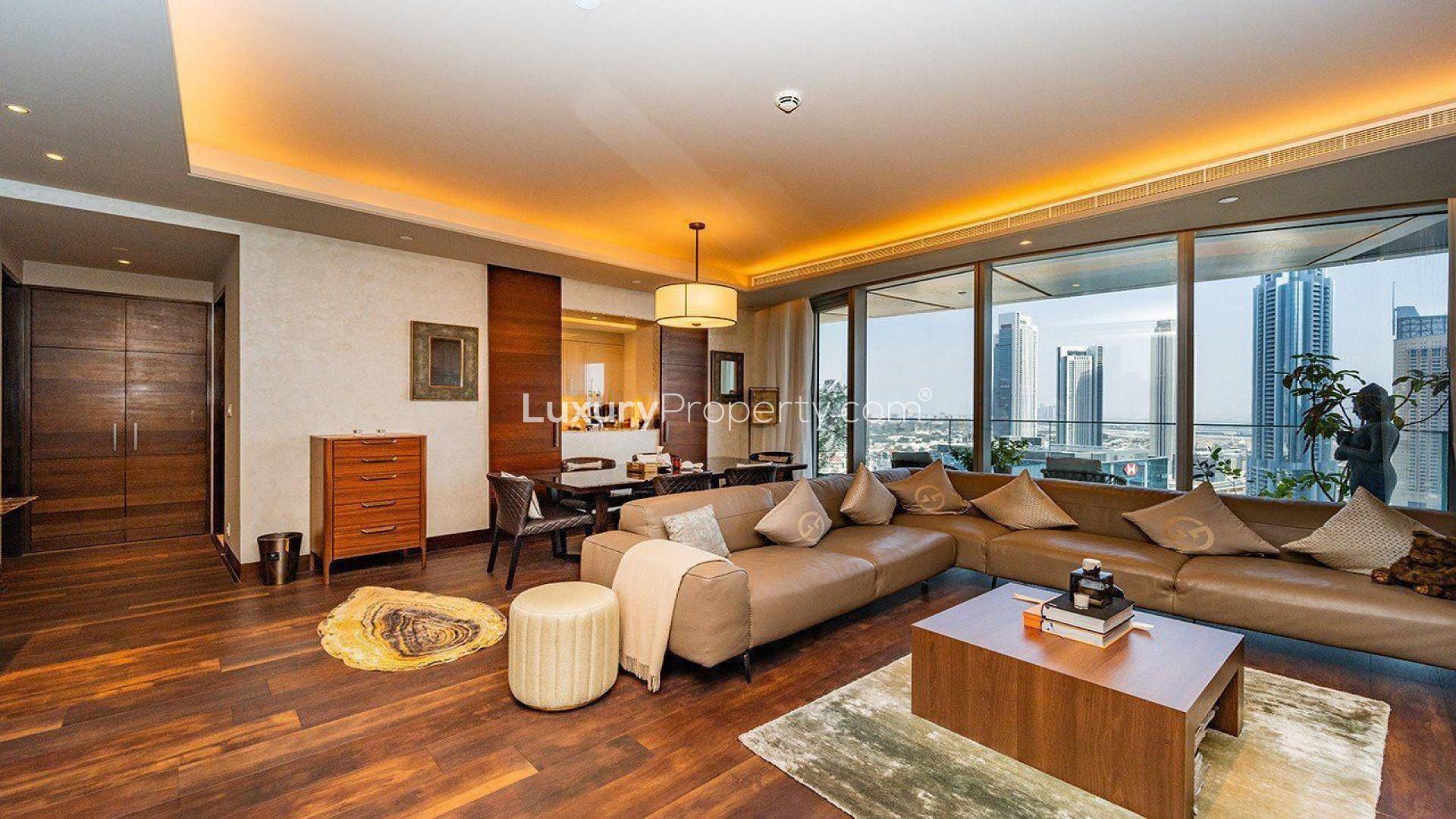 Luxurious living room in furnished 3-bed apartment, Downtown Dubai, with Burj Khalifa views