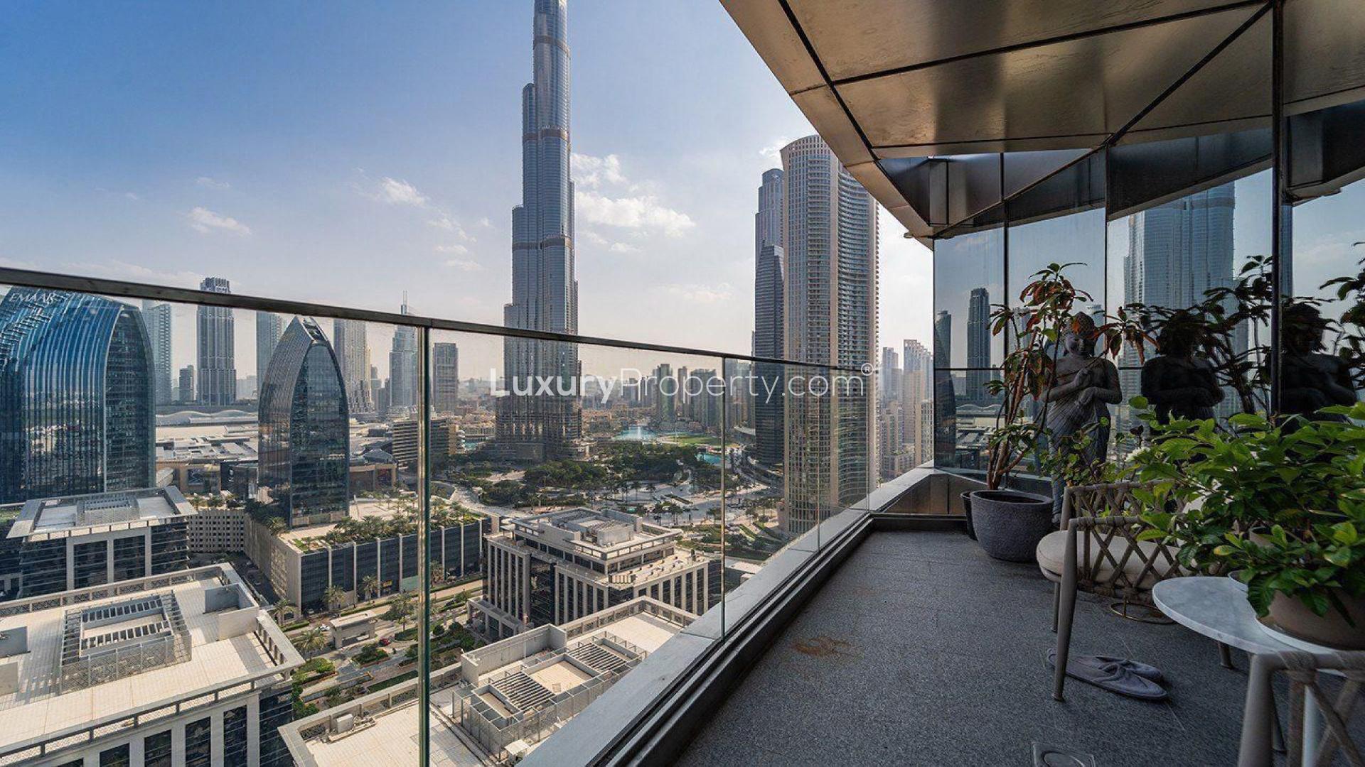 Luxurious living room in furnished Downtown Dubai apartment with Burj Khalifa views