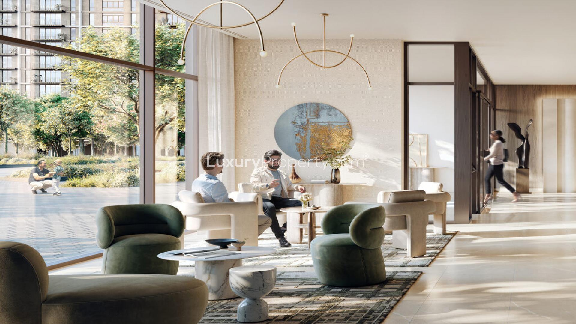 Luxurious living room in Oria Dubai apartment, overlooking Creek Beach, Dubai Creek Harbour